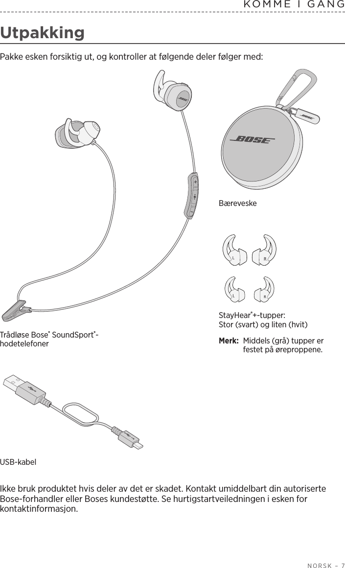  NORSK – 7KOMME I GANG  UtpakkingPakke esken forsiktig ut, og kontroller at følgende deler følger med:StayHear®+-tupper: Stor (svart) og liten (hvit)Merk:  Middels (grå) tupper er festet på øreproppene.Trådløse Bose® SoundSport®-hodetelefonerBæreveskeUSB-kabel Ikke bruk produktet hvis deler av det er skadet. Kontakt umiddelbart din autoriserte Bose-forhandler eller Boses kundestøtte. Se hurtigstartveiledningen i esken for kontaktinformasjon.