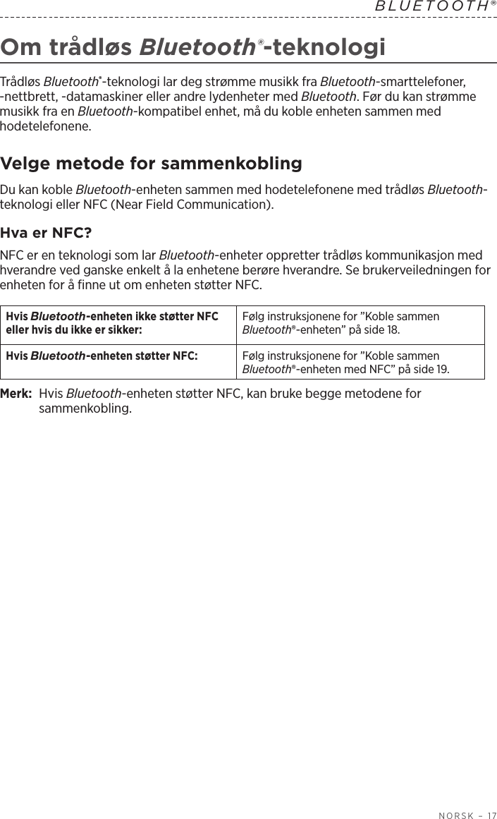  NORSK – 17BLUETOOTH®  Om trådløs Bluetooth®-teknologiTrådløs Bluetooth®-teknologi lar deg strømme musikk fra Bluetooth-smarttelefoner, -nettbrett, -datamaskiner eller andre lydenheter med Bluetooth. Før du kan strømme musikk fra en Bluetooth-kompatibel enhet, må du koble enheten sammen med hodetelefonene.Velge metode for sammenkoblingDu kan koble Bluetooth-enheten sammen med hodetelefonene med trådløs Bluetooth-teknologi eller NFC (Near Field Communication).Hva er NFC?NFC er en teknologi som lar Bluetooth-enheter oppretter trådløs kommunikasjon med hverandre ved ganske enkelt å la enhetene berøre hverandre. Se brukerveiledningen for enheten for å finne ut om enheten støtter NFC.Hvis Bluetooth-enheten ikke støtter NFC eller hvis du ikke er sikker:Følg instruksjonene for ”Koble sammen Bluetooth®-enheten” på side 18.Hvis Bluetooth-enheten støtter NFC: Følg instruksjonene for ”Koble sammen Bluetooth®-enheten med NFC” på side 19.Merk:  Hvis Bluetooth-enheten støtter NFC, kan bruke begge metodene for sammenkobling. 