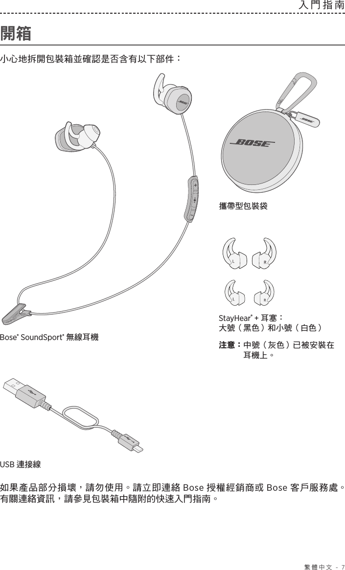  繁體中文 - 7入門指南  開箱小心地拆開包裝箱並確認是否含有以下部件：StayHear® + 耳塞： 大號（黑色）和小號（白色）注意： 中號（灰色）已被安裝在耳機上。Bose® SoundSport® 無線耳機攜帶型包裝袋USB 連接線 如果產品部分損壞，請勿使用。請立即連絡 Bose 授權經銷商或 Bose 客戶服務處。 有關連絡資訊，請參見包裝箱中隨附的快速入門指南。