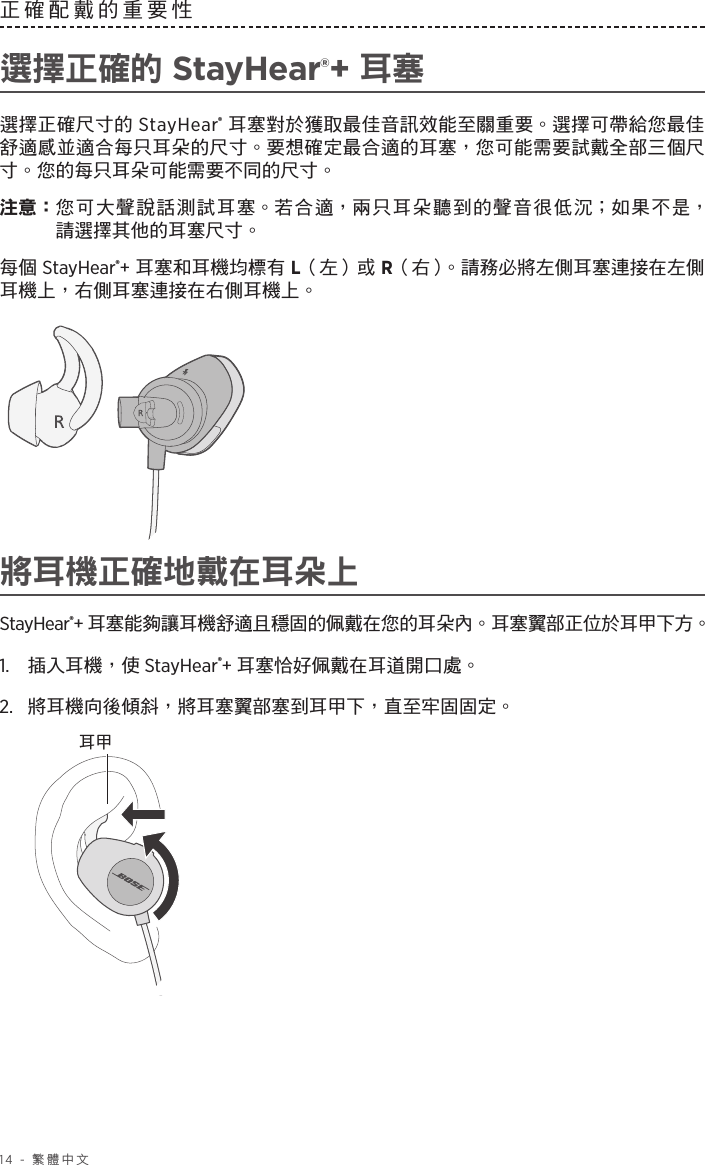 14 - 繁體中文正確配戴的重要性 選擇正確的 StayHear®+ 耳塞選擇正確尺寸的 StayHear® 耳塞對於獲取最佳音訊效能至關重要。選擇可帶給您最佳舒適感並適合每只耳朵的尺寸。要想確定最合適的耳塞，您可能需要試戴全部三個尺寸。您的每只耳朵可能需要不同的尺寸。注意：  您可大聲說話測試耳塞。若合適，兩只耳朵聽到的聲音很低沉；如果不是， 請選擇其他的耳塞尺寸。每個 StayHear®+ 耳塞和耳機均標有 L（左）或 R（右）。請務必將左側耳塞連接在左側耳機上，右側耳塞連接在右側耳機上。將耳機正確地戴在耳朵上StayHear®+ 耳塞能夠讓耳機舒適且穩固的佩戴在您的耳朵內。耳塞翼部正位於耳甲下方。1.   插入耳機，使 StayHear®+ 耳塞恰好佩戴在耳道開口處。2.   將耳機向後傾斜，將耳塞翼部塞到耳甲下，直至牢固固定。耳甲