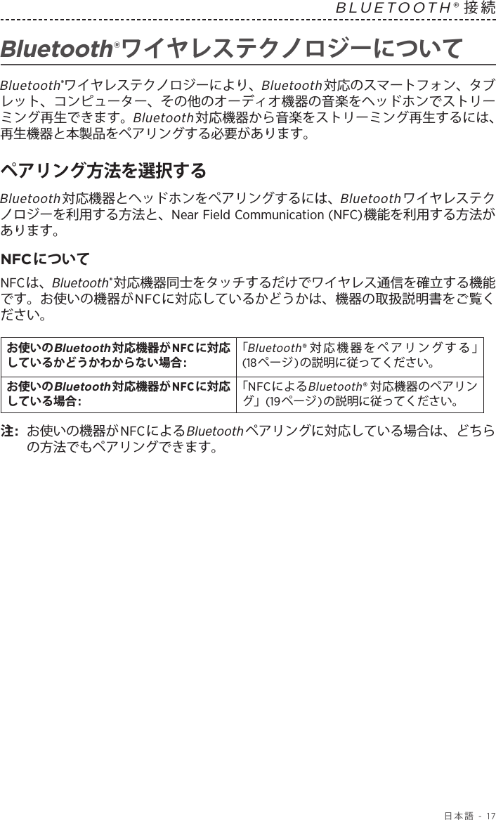  日本語 - 17BLUETOOTH®接続  Bluetooth®ワイヤレステクノロジーについてBluetooth®ワイヤレステクノロジーにより、Bluetooth対応のスマートフォン、タブレット、コンピューター、その他のオーディオ機器の音楽をヘッドホンでストリーミング再生できます。Bluetooth対応機器から音楽をストリーミング再生するには、再生機器と本製品をペアリングする必要があります。ペアリング方法を選択するBluetooth対応機器とヘッドホンをペアリングするには、Bluetoothワイヤレステクノロジーを利用する方法と、Near Field Communication (NFC)機能を利用する方法があります。NFCについてNFCは、Bluetooth®対応機器同士をタッチするだけでワイヤレス通信を確立する機能です。お使いの機器がNFCに対応しているかどうかは、機器の取扱説明書をご覧ください。お使いのBluetooth対応機器がNFCに対応しているかどうかわからない場合:「Bluetooth®対応機器をペアリングする」(18ページ)の説明に従ってください。お使いのBluetooth対応機器がNFCに対応している場合:「NFCによるBluetooth®対応機器のペアリング」(19ページ)の説明に従ってください。注:  お使いの機器がNFCによるBluetoothペアリングに対応している場合は、どちらの方法でもペアリングできます。