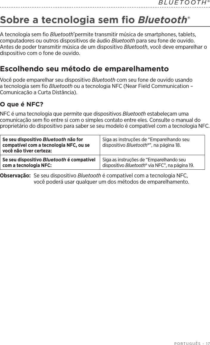  PORTUGUÊS - 17BLUETOOTH®  Sobre a tecnologia sem fio Bluetooth®A tecnologia sem fio Bluetooth®permite transmitir música de smartphones, tablets, computadores ou outros dispositivos de áudio Bluetooth para seu fone de ouvido. Antes de poder transmitir música de um dispositivo Bluetooth, você deve emparelhar o dispositivo com o fone de ouvido.Escolhendo seu método de emparelhamentoVocê pode emparelhar seu dispositivo Bluetooth com seu fone de ouvido usando a tecnologia sem fio Bluetooth ou a tecnologia NFC (Near Field Communication – Comunicação a Curta Distância).O que é NFC?NFC é uma tecnologia que permite que dispositivos Bluetooth estabeleçam uma comunicação sem fio entre si com o simples contato entre eles. Consulte o manual do proprietário do dispositivo para saber se seu modelo é compatível com a tecnologia NFC.Se seu dispositivo Bluetooth não for compatível com a tecnologia NFC, ou se você não tiver certeza:Siga as instruções de “Emparelhando seu dispositivo Bluetooth®”, na página 18.Se seu dispositivo Bluetooth é compatível com a tecnologia NFC:Siga as instruções de “Emparelhando seu dispositivo Bluetooth® via NFC”, na página 19.Observação:  Se seu dispositivo Bluetooth é compatível com a tecnologia NFC, vocêpoderá usar qualquer um dos métodos de emparelhamento. 