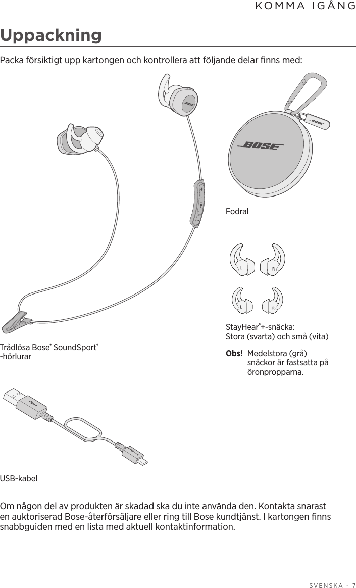  SVENSKA - 7KOMMA  IGÅNG  UppackningPacka försiktigt upp kartongen och kontrollera att följande delar finns med:StayHear®+-snäcka: Stora (svarta) och små (vita)Obs!  Medelstora (grå) snäckor är fastsatta på öronpropparna.Trådlösa Bose® SoundSport® -hörlurarFodralUSB-kabel Om någon del av produkten är skadad ska du inte använda den. Kontakta snarast en auktoriserad Bose-återförsäljare eller ring till Bose kundtjänst. I kartongen finns snabbguiden med en lista med aktuell kontaktinformation.