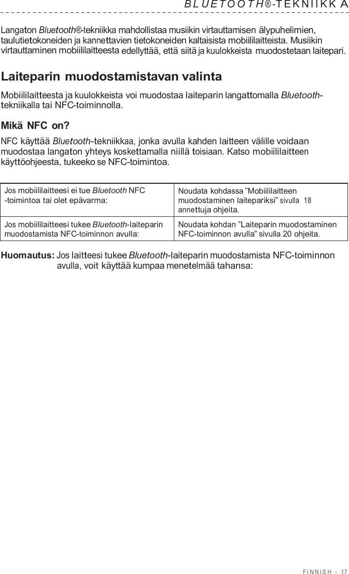 FINNISH  -  17   B L UET O O T H ® - TEKNIIKK A  Langaton Bluetooth®-tekniikka mahdollistaa musiikin virtauttamisen älypuhelimien, taulutietokoneiden ja kannettavien tietokoneiden kaltaisista mobiililaitteista. Musiikin virtauttaminen mobiililaitteesta edellyttää, että siitä ja kuulokkeista muodostetaan laitepari.  Laiteparin muodostamistavan valinta  Mobiililaitteesta ja kuulokkeista voi muodostaa laiteparin langattomalla Bluetooth- tekniikalla tai NFC-toiminnolla.  Mikä NFC on? NFC käyttää Bluetooth-tekniikkaa, jonka avulla kahden laitteen välille voidaan muodostaa langaton yhteys koskettamalla niillä toisiaan. Katso mobiililaitteen käyttöohjeesta, tukeeko se NFC-toimintoa.   Jos mobiililaitteesi ei tue Bluetooth NFC -toimintoa tai olet epävarma: Noudata kohdassa ”Mobiililaitteen muodostaminen laitepariksi” sivulla  18 annettuja ohjeita. Jos mobiililaitteesi tukee Bluetooth-laiteparin muodostamista NFC-toiminnon avulla: Noudata kohdan ”Laiteparin muodostaminen NFC-toiminnon avulla” sivulla 20 ohjeita.  Huomautus: Jos laitteesi tukee Bluetooth-laiteparin muodostamista NFC-toiminnon avulla, voit käyttää kumpaa menetelmää tahansa: 
