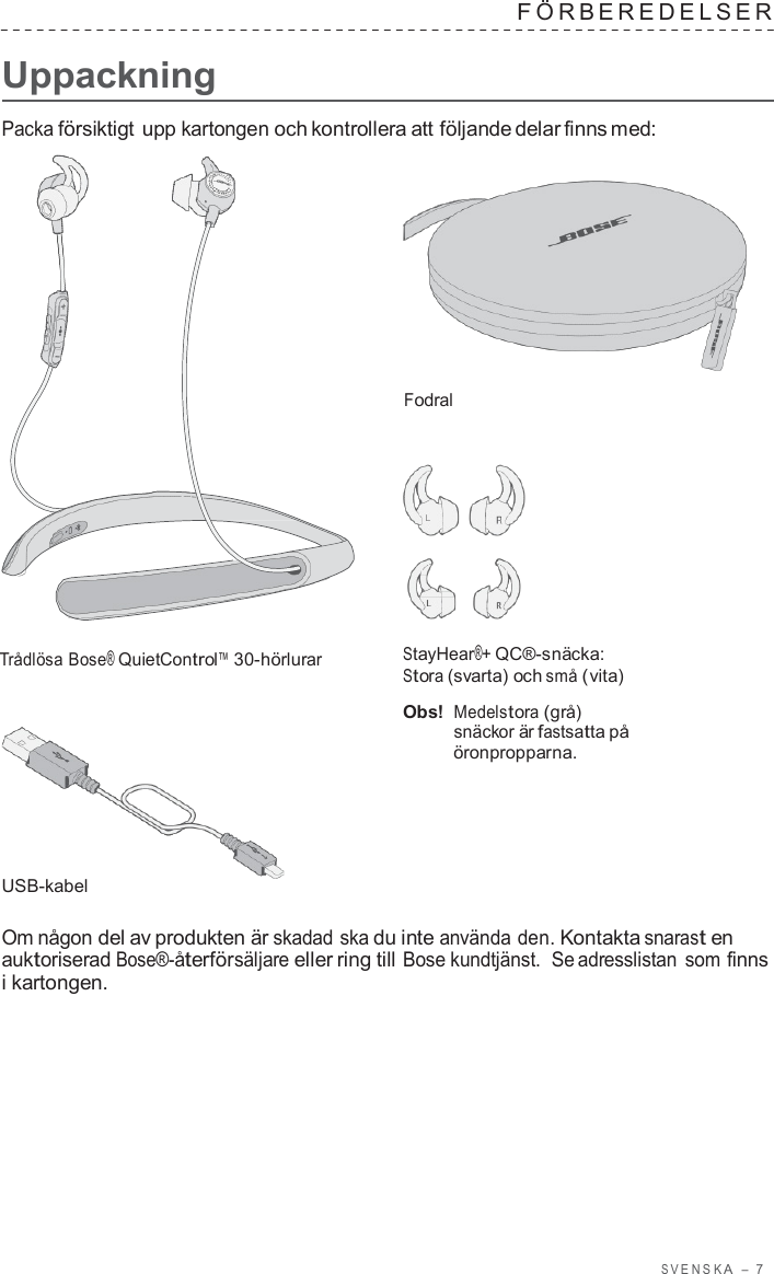 S VENSK A  –  7      Uppackning F ÖRBEREDELSER   Packa försiktigt upp kartongen och kontrollera att följande delar finns med:     Fodral       Trådlösa Bose® QuietControl™ 30-hörlurar          USB-kabel StayHear®+ QC®-snäcka: Stora (svarta) och små (vita)  Obs! Medelstora (grå) snäckor är fastsatta på öronpropparna.  Om någon del av produkten är skadad ska du inte använda den. Kontakta snarast en auktoriserad Bose®-återförsäljare eller ring till Bose kundtjänst.  Se adresslistan som finns i kartongen. 