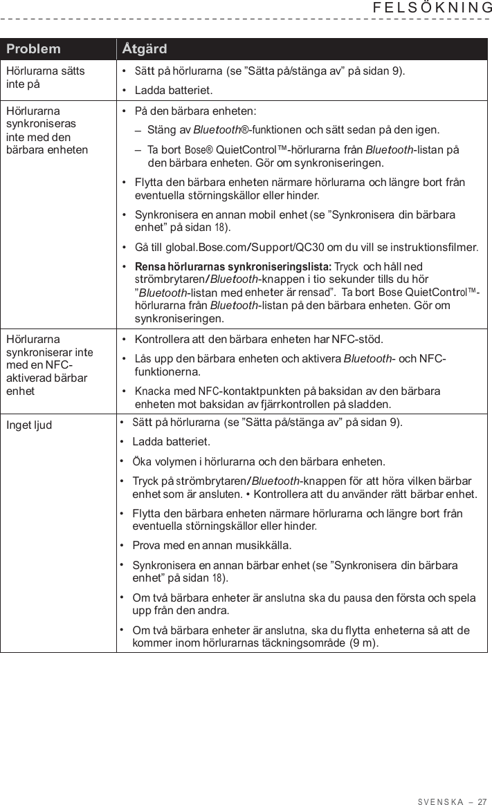 S VENSK A  –  27   FELSÖKNING    Problem Åtgärd Hörlurarna sätts inte på •  Sätt på hörlurarna (se ”Sätta på/stänga av” på sidan 9). •  Ladda batteriet. Hörlurarna synkroniseras inte med den bärbara enheten •  På den bärbara enheten: –  Stäng av Bluetooth®-funktionen och sätt sedan på den igen. –  Ta bort Bose® QuietControl™-hörlurarna från Bluetooth-listan på den bärbara enheten. Gör om synkroniseringen. •  Flytta den bärbara enheten närmare hörlurarna och längre bort från eventuella störningskällor eller hinder. •  Synkronisera en annan mobil enhet (se ”Synkronisera din bärbara enhet” på sidan 18). •  Gå till global.Bose.com/Support/QC30 om du vill se instruktionsfilmer. •  Rensa hörlurarnas synkroniseringslista: Tryck och håll ned strömbrytaren/Bluetooth-knappen i tio sekunder tills du hör ”Bluetooth-listan med enheter är rensad”.  Ta bort Bose QuietControl™- hörlurarna från Bluetooth-listan på den bärbara enheten. Gör om synkroniseringen. Hörlurarna synkroniserar inte med en NFC- aktiverad bärbar enhet •   Kontrollera att den bärbara enheten har NFC-stöd. •  Lås upp den bärbara enheten och aktivera Bluetooth- och NFC- funktionerna. •  Knacka med NFC-kontaktpunkten på baksidan av den bärbara enheten mot baksidan av fjärrkontrollen på sladden. Inget ljud •  Sätt på hörlurarna (se ”Sätta på/stänga av” på sidan 9). •  Ladda batteriet. •  Öka volymen i hörlurarna och den bärbara enheten. •  Tryck på strömbrytaren/Bluetooth-knappen för att höra vilken bärbar enhet som är ansluten. • Kontrollera att du använder rätt bärbar enhet. •  Flytta den bärbara enheten närmare hörlurarna och längre bort från eventuella störningskällor eller hinder. •  Prova med en annan musikkälla. •  Synkronisera en annan bärbar enhet (se ”Synkronisera din bärbara enhet” på sidan 18). •  Om två bärbara enheter är anslutna ska du pausa den första och spela upp från den andra. •  Om två bärbara enheter är anslutna, ska du flytta enheterna så att de kommer inom hörlurarnas täckningsområde (9 m). 