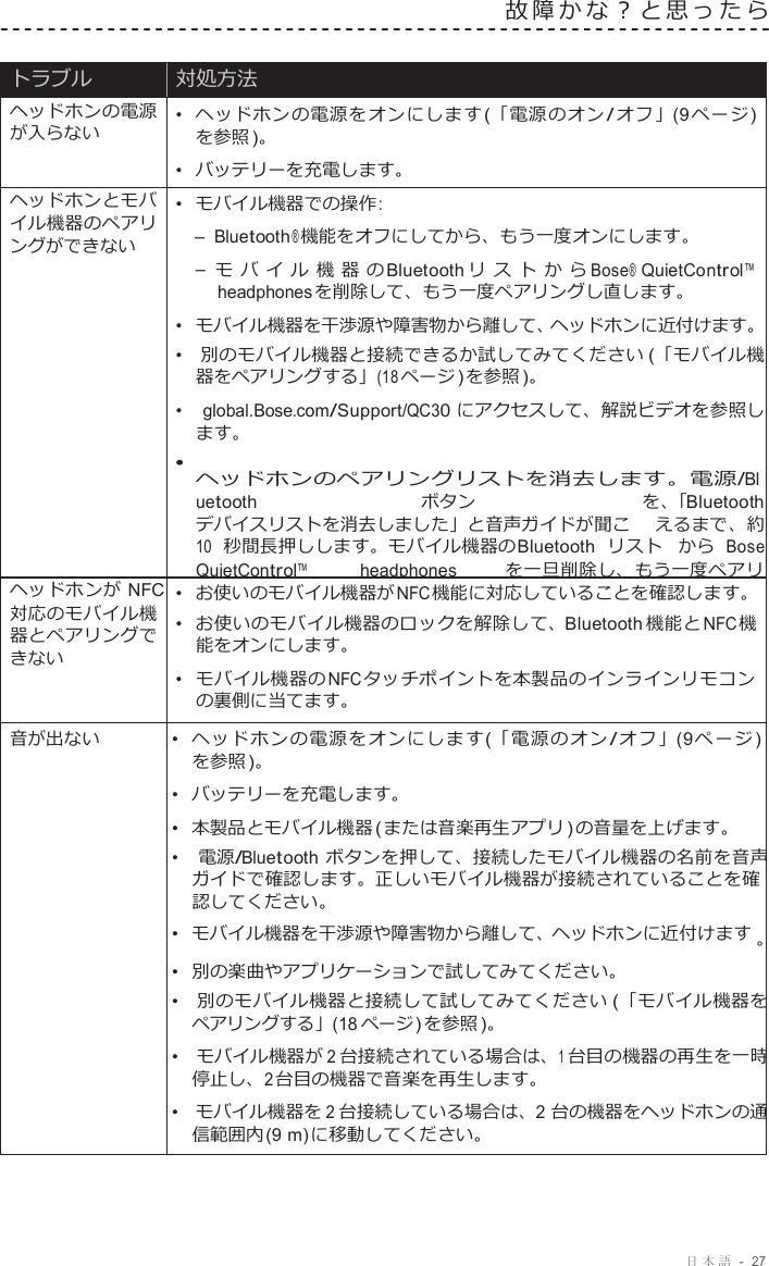 日本語  -  27   トラブル 対処方法 ヘッドホンの電源 が入らない •  ヘッドホンの電源をオンにします (「電源のオン / オフ」(9 ページ ) を参照 )。 •  バッテリーを充電します。 ヘッドホンとモバ イル機器のペアリ ングができない •  モバイル機器での操作 : –  Bluetooth ® 機能をオフにしてから、もう一度オンにします。 –  モ バ イ ル 機 器 のBluetooth リ ス ト か ら Bose® QuietControl™ headphones を削除して、もう一度ペアリングし直します。 •  モバイル機器を干渉源や障害物から離して、ヘッドホンに近付けます。 •  別のモバイル機器と接続できるか試してみてください (「モバイル機 器をペアリングする」(18 ページ ) を参照 )。 •   global.Bose.com/Support/QC30 にアクセスして、解説ビデオを参照し ます。 • ヘッドホンのペアリングリストを消去します。電源/Bluetooth  ボタン を、「Bluetooth デバイスリストを消去しました」と音声ガイドが聞こ えるまで、約 10 秒間長押しします。モバイル機器のBluetooth  リスト から Bose QuietControl™ headphones を一旦削除し、もう一度ペアリ  ヘッドホンが NFC 対応のモバイル機 器とペアリングで きない •  お使いのモバイル機器が NFC 機能に対応していることを確認します。 •  お使いのモバイル機器のロックを解除して、Bluetooth 機能と NFC 機 能をオンにします。 •  モバイル機器の NFC タッチポイントを本製品のインラインリモコン の裏側に当てます。 音が出ない •  ヘッドホンの電源をオンにします (「電源のオン / オフ」(9 ページ ) を参照 )。 •  バッテリーを充電します。 •  本製品とモバイル機器 ( または音楽再生アプリ ) の音量を上げます。 •   電源/Bluetooth ボタンを押して、接続したモバイル機器の名前を音声 ガイドで確認します。正しいモバイル機器が接続されていることを確 認してください。 •  モバイル機器を干渉源や障害物から離して、ヘッドホンに近付けます •  別の楽曲やアプリケーションで試してみてください。 •   別のモバイル機器と接続して試してみてください (「モバイル機器を ペアリングする」(18 ページ ) を参照 )。 •  モバイル機器が 2 台接続されている場合は、1 台目の機器の再生を一時 停止し、2 台目の機器で音楽を再生します。 •  モバイル機器を 2 台接続している場合は、2 台の機器をヘッドホンの通 信範囲内 (9 m) に移動してください。  故障かな？と思ったら                                          。 