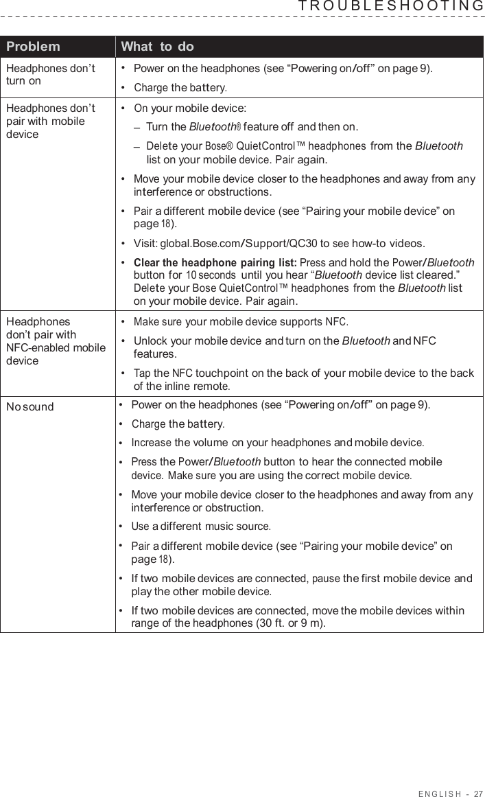 ENGLISH  -  27   TROUBLESHOO TING    Problem What  to do Headphones don’t turn on •  Power on the headphones (see “Powering on/off” on page 9). •  Charge the battery. Headphones don’t pair with mobile device •  On your mobile device: –  Turn the Bluetooth® feature off and then on. –  Delete your Bose® QuietControl™ headphones from the Bluetooth list on your mobile device. Pair again. •  Move your mobile device closer to the headphones and away from any interference or obstructions. •  Pair a different mobile device (see “Pairing your mobile device” on page 18). •   Visit: global.Bose.com/Support/QC30 to see how-to videos. •  Clear the headphone pairing list: Press and hold the Power/Bluetooth button for 10 seconds until you hear “Bluetooth device list cleared.” Delete your Bose QuietControl™ headphones from the Bluetooth list on your mobile device. Pair again. Headphones don’t pair with NFC-enabled mobile device •  Make sure your mobile device supports NFC. •  Unlock your mobile device and turn on the Bluetooth and NFC features. •  Tap the NFC touchpoint on the back of your mobile device to the back of the inline remote. No sound •  Power on the headphones (see “Powering on/off” on page 9). •  Charge the battery. •  Increase the volume on your headphones and mobile device. •  Press the Power/Bluetooth button to hear the connected mobile device. Make sure you are using the correct mobile device. •  Move your mobile device closer to the headphones and away from any interference or obstruction. •  Use a different music source. •  Pair a different mobile device (see “Pairing your mobile device” on page 18). •  If two mobile devices are connected, pause the first mobile device and play the other mobile device. •  If two mobile devices are connected, move the mobile devices within range of the headphones (30 ft. or 9 m). 