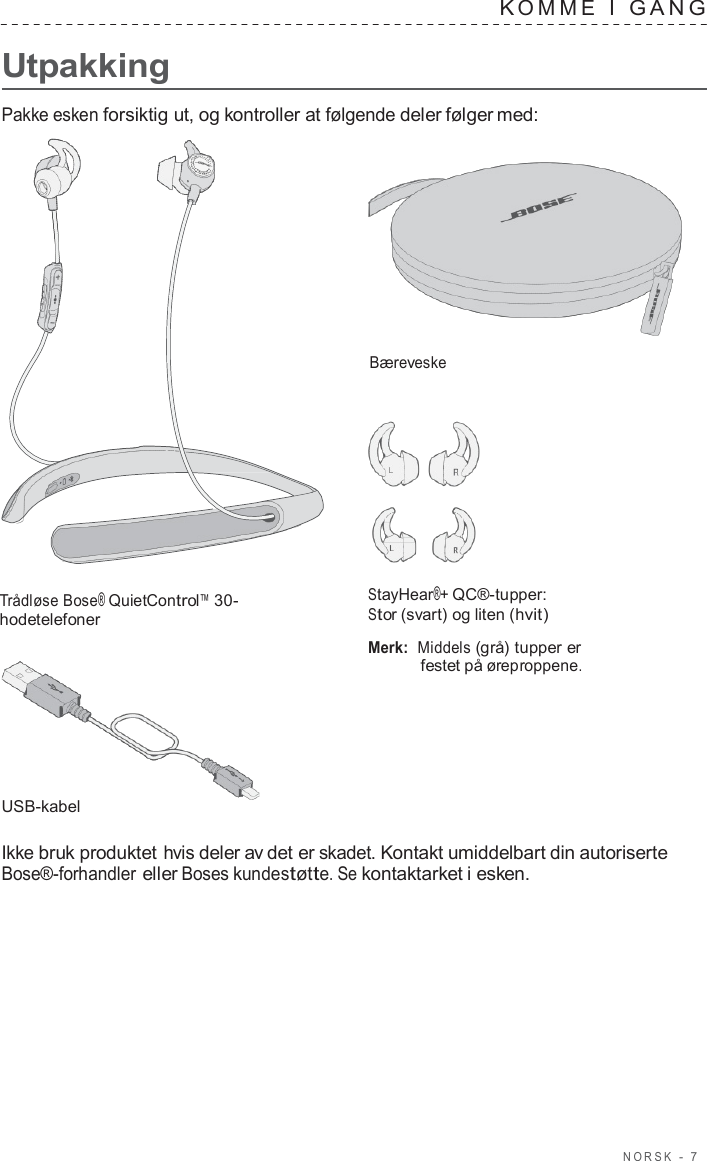 NORSK  -  7      Utpakking K OMME  I  GANG   Pakke esken forsiktig ut, og kontroller at følgende deler følger med:     Bæreveske        Trådløse Bose® QuietControl™ 30- hodetelefoner         USB-kabel StayHear®+ QC®-tupper: Stor (svart) og liten (hvit)  Merk: Middels (grå) tupper er festet på øreproppene.  Ikke bruk produktet hvis deler av det er skadet. Kontakt umiddelbart din autoriserte Bose®-forhandler eller Boses kundestøtte. Se kontaktarket i esken. 