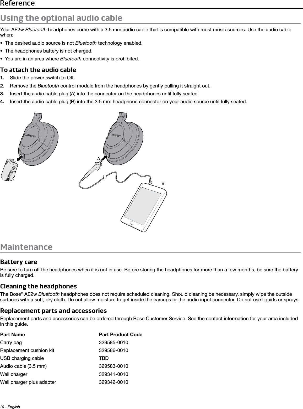 Reference10 - EnglishUsing the optional audio cableYour AE2w Bluetooth headphones come with a 3.5 mm audio cable that is compatible with most music sources. Use the audio cable when: • The desired audio source is not Bluetooth technology enabled.• The headphones battery is not charged.• You are in an area where Bluetooth connectivity is prohibited.To attach the audio cable1.  Slide the power switch to Off.2.  Remove the Bluetooth control module from the headphones by gently pulling it straight out. 3.  Insert the audio cable plug (A) into the connector on the headphones until fully seated.4.  Insert the audio cable plug (B) into the 3.5 mm headphone connector on your audio source until fully seated. ABMaintenanceBattery careBe sure to turn off the headphones when it is not in use. Before storing the headphones for more than a few months, be sure the battery is fully charged. Cleaning the headphonesThe Bose® AE2w Bluetooth headphones does not require scheduled cleaning. Should cleaning be necessary, simply wipe the outside surfaces with a soft, dry cloth. Do not allow moisture to get inside the earcups or the audio input connector. Do not use liquids or sprays.Replacement parts and accessoriesReplacement parts and accessories can be ordered through Bose Customer Service. See the contact information for your area included in this guide.Part Name  Part Product CodeCarry bag  329585-0010Replacement cushion kit   329586-0010USB charging cable   TBDAudio cable (3.5 mm)  329583-0010Wall charger  329341-0010Wall charger plus adapter  329342-0010