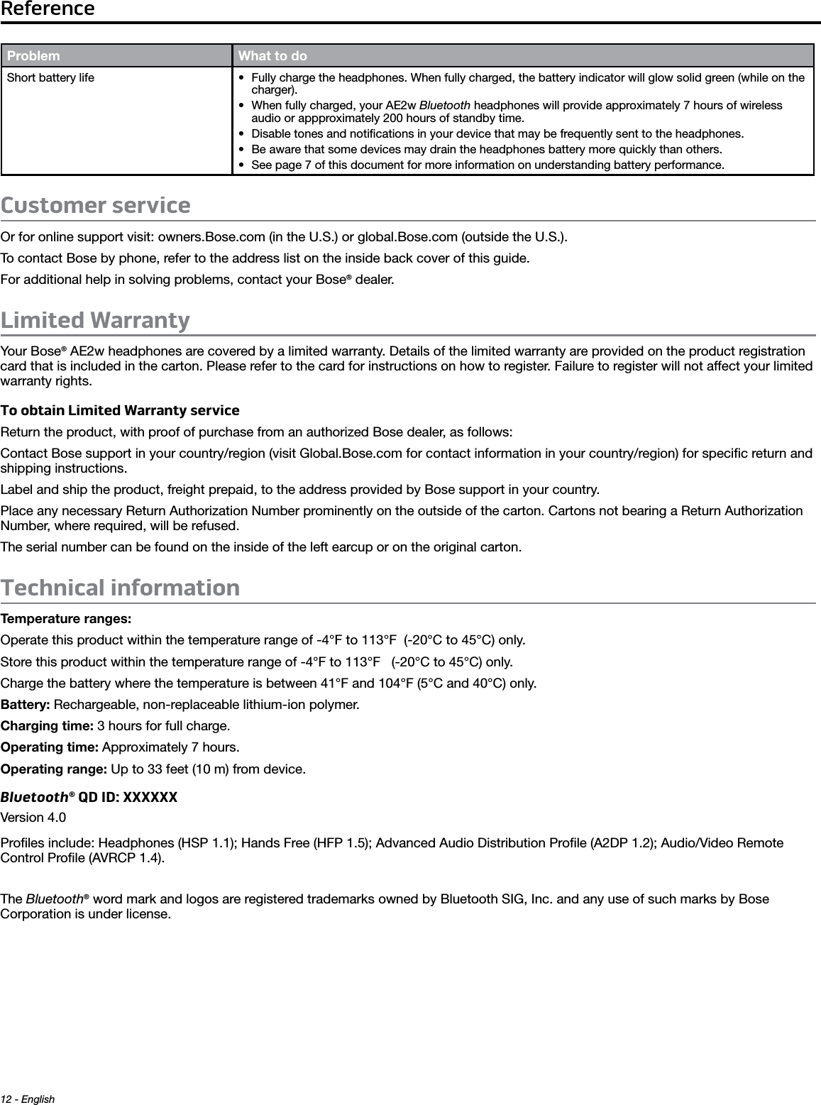 Reference12 - EnglishProblem What to doShort battery life •  Fully charge the headphones. When fully charged, the battery indicator will glow solid green (while on the charger).• When fully charged, your AE2w Bluetooth headphones will provide approximately 7 hours of wireless audio or appproximately 200 hours of standby time.• Disable tones and notiﬁcations in your device that may be frequently sent to the headphones. •  Be aware that some devices may drain the headphones battery more quickly than others.• See page 7 of this document for more information on understanding battery performance.Customer serviceOr for online support visit: owners.Bose.com (in the U.S.) or global.Bose.com (outside the U.S.).To contact Bose by phone, refer to the address list on the inside back cover of this guide. For additional help in solving problems, contact your Bose® dealer. Limited WarrantyYour Bose® AE2w headphones are covered by a limited warranty. Details of the limited warranty are provided on the product registration card that is included in the carton. Please refer to the card for instructions on how to register. Failure to register will not affect your limited warranty rights.To obtain Limited Warranty serviceReturn the product, with proof of purchase from an authorized Bose dealer, as follows:Contact Bose support in your country/region (visit Global.Bose.com for contact information in your country/region) for speciﬁc return and shipping instructions.Label and ship the product, freight prepaid, to the address provided by Bose support in your country.Place any necessary Return Authorization Number prominently on the outside of the carton. Cartons not bearing a Return Authorization Number, where required, will be refused.The serial number can be found on the inside of the left earcup or on the original carton.Technical informationTemperature ranges: Operate this product within the temperature range of -4°F to 113°F  (-20°C to 45°C) only.Store this product within the temperature range of -4°F to 113°F   (-20°C to 45°C) only.Charge the battery where the temperature is between 41°F and 104°F (5°C and 40°C) only.Battery: Rechargeable, non-replaceable lithium-ion polymer.Charging time: 3 hours for full charge.Operating time: Approximately 7 hours.Operating range: Up to 33 feet (10 m) from device.Bluetooth® QD ID: XXXXXX Version 4.0 Proﬁles include: Headphones (HSP 1.1); Hands Free (HFP 1.5); Advanced Audio Distribution Proﬁle (A2DP 1.2); Audio/Video Remote Control Proﬁle (AVRCP 1.4).The Bluetooth® word mark and logos are registered trademarks owned by Bluetooth SIG, Inc. and any use of such marks by Bose  Corporation is under license.