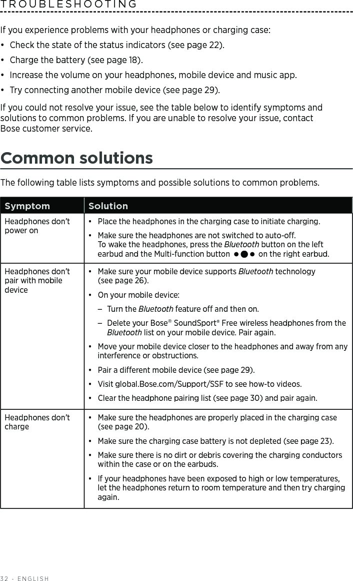32 - ENGLISHTROUBLESHOOTING If you experience problems with your headphones or charging case:•  Check the state of the status  indicators (see page 22).•  Charge the battery (see page 18).•  Increase the volume on your headphones, mobile device and music app.•  Try connecting another mobile device (see page 29).If you could not resolve your issue, see the table below to identify symptoms and  solutions to common problems. If you are unable to resolve your issue, contact  Bose customer service.Common solutionsThe following table lists symptoms and possible solutions to common problems.Symptom SolutionHeadphones don’t power on •  Place the headphones in the charging case to initiate charging. •  Make sure the headphones are not switched to auto-o.  To wake the headphones, press the Bluetooth button on the left earbud and the Multi-function button   on the right earbud. Headphones don’t pair with mobile device•  Make sure your mobile device supports Bluetooth technology  (see page 26).•  On your mobile device: –Turn the Bluetooth feature o and then on. –Delete your Bose SoundSport® Free wireless headphones from the Bluetooth list on your mobile device. Pair again.•  Move your mobile device closer to the headphones and away from any interference or obstructions.•  Pair a dierent mobile device (see page 29).•  Visit global.Bose.com/Support/SSF to see how-to videos.•  Clear the headphone pairing list (see page 30) and pair again.Headphones don’t charge•  Make sure the headphones are properly placed in the charging case  (see page 20).•  Make sure the charging case battery is not depleted (see page 23).•  Make sure there is no dirt or debris covering the charging conductors within the case or on the earbuds. •  If your headphones have been exposed to high or low temperatures, let the headphones return to room temperature and then try charging again.