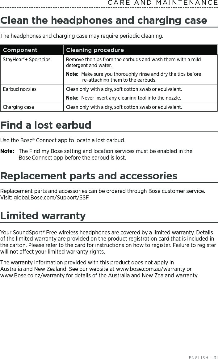  ENGLISH - 31Clean the headphones and charging caseThe headphones and charging case may require periodic cleaning.Component Cleaning procedureStayHear®+ Sport tips Remove the tips from the earbuds and wash them with a mild  detergent and water. Note: Make sure you thoroughly rinse and dry the tips before  re-attaching them to the earbuds.Earbud nozzles Clean only with a dry, soft cotton swab or equivalent. Note: Never insert any cleaning tool into the nozzle.Charging case Clean only with a dry, soft cotton swab or equivalent.Find a lost earbudUse the Bose® Connect app to locate a lost earbud.Note:  The Find my Bose setting and location services must be enabled in the  Bose Connect app before the earbud is lost. Replacement parts and accessoriesReplacement parts and accessories can be ordered through Bose customer service. Visit: global.Bose.com/Support/SSFLimited warrantyYour SoundSport® Free wireless headphones are covered by a  limited warranty. Details of the limited warranty are provided on the product  registration card that is included in the carton. Please refer to the card for instructions on how to register. Failure to register will not aect your limited warranty rights.The warranty information provided with this product does not apply in  Australia and New Zealand. See our website at www.bose.com.au/warranty or  www.Bose.co.nz/warranty for details of the Australia and New Zealand warranty.CARE AND MAINTENANCE 