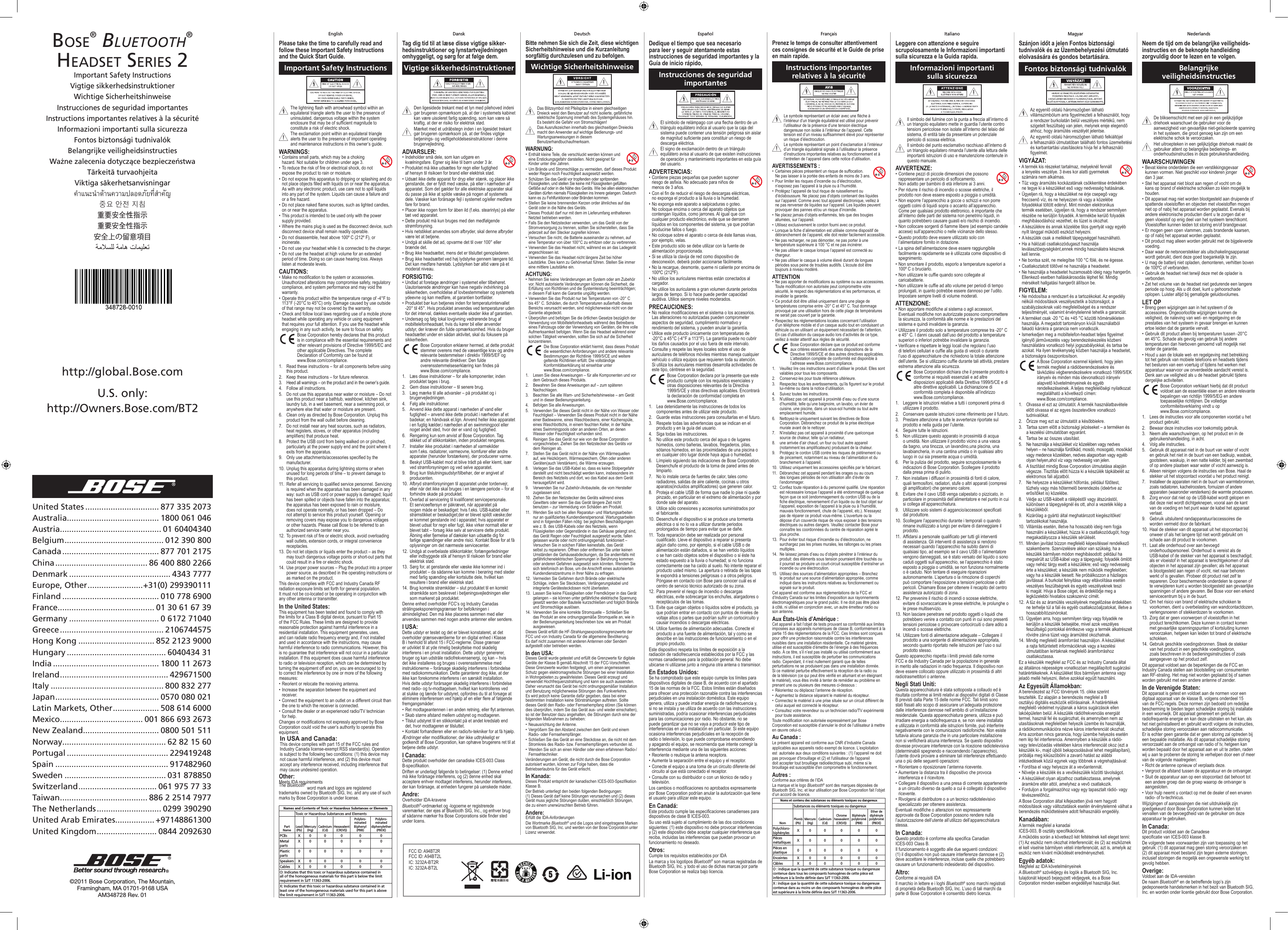 Bose BT2L Bluetooth Headset User Manual Manual Safety Sheet