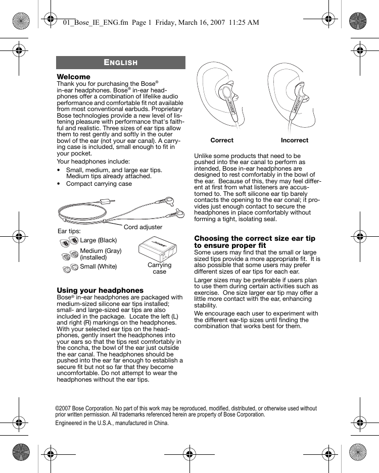 Page 2 of 7 - Bose Bose-In-Ear-Headphone-Users-Manual-  Bose-in-ear-headphone-users-manual