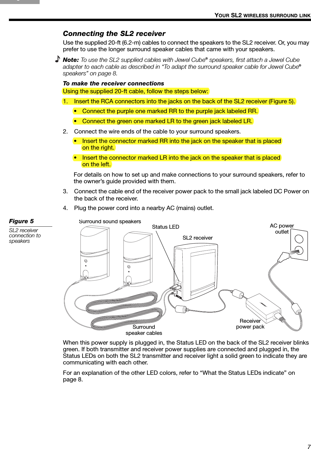 7YOUR SL2 WIRELESS SURROUND LINKgçpConnecting the SL2 receiverUse the supplied 20-ft (6.2-m) cables to connect the speakers to the SL2 receiver. Or, you may prefer to use the longer surround speaker cables that came with your speakers. Note: To use the SL2 supplied cables with Jewel Cube® speakers, first attach a Jewel Cube adapter to each cable as described in “To adapt the surround speaker cable for Jewel Cube® speakers” on page 8.To make the receiver connectionsUsing the supplied 20-ft cable, follow the steps below:1. Insert the RCA connectors into the jacks on the back of the SL2 receiver (Figure 5).• Connect the purple one marked RR to the purple jack labeled RR.• Connect the green one marked LR to the green jack labeled LR.2. Connect the wire ends of the cable to your surround speakers.• Insert the connector marked RR into the jack on the speaker that is placed  on the right. • Insert the connector marked LR into the jack on the speaker that is placed  on the left. For details on how to set up and make connections to your surround speakers, refer to the owner’s guide provided with them.3. Connect the cable end of the receiver power pack to the small jack labeled DC Power on the back of the receiver. 4. Plug the power cord into a nearby AC (mains) outlet.Figure 5SL2 receiver connection to speakersWhen this power supply is plugged in, the Status LED on the back of the SL2 receiver blinks green. If both transmitter and receiver power supplies are connected and plugged in, the Status LEDs on both the SL2 transmitter and receiver light a solid green to indicate they are communicating with each other.For an explanation of the other LED colors, refer to “What the Status LEDs indicate” on page 8.Surround speaker cablesSL2 receiverSurround sound speakersReceiverpower packStatus LED AC power outlet