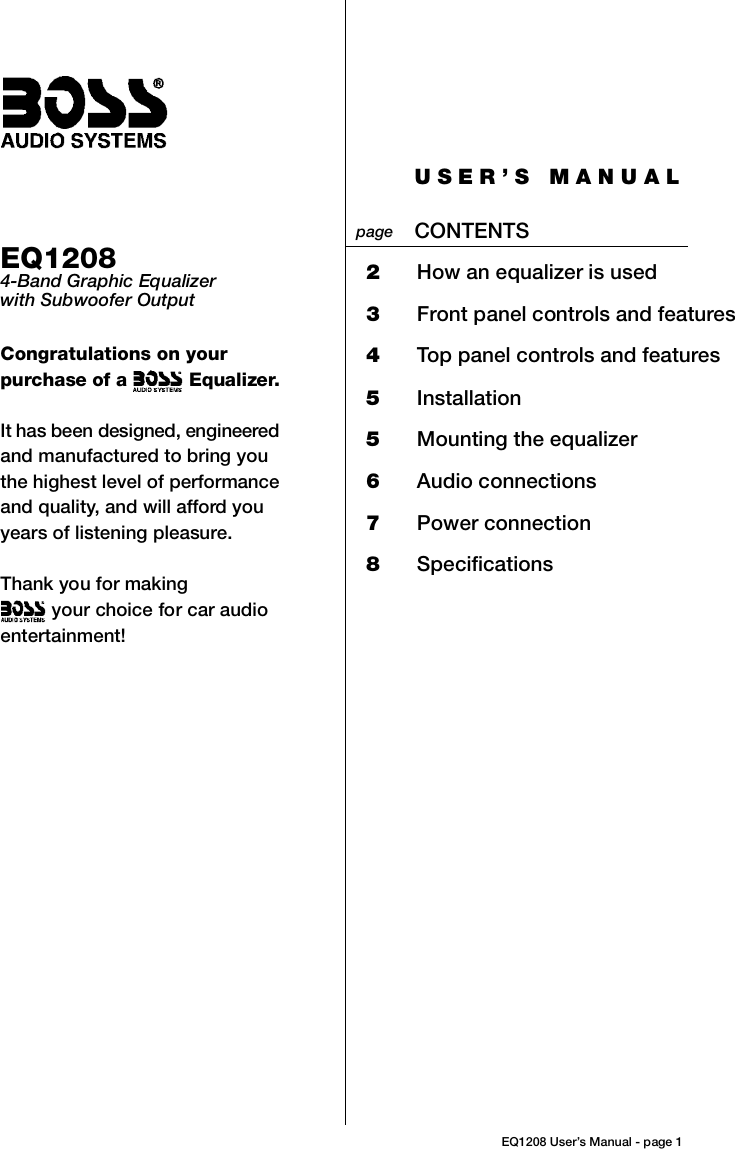 Page 1 of 8 - Boss-Audio-Systems Boss-Audio-Systems-Eq1208-Users-Manual-  Boss-audio-systems-eq1208-users-manual