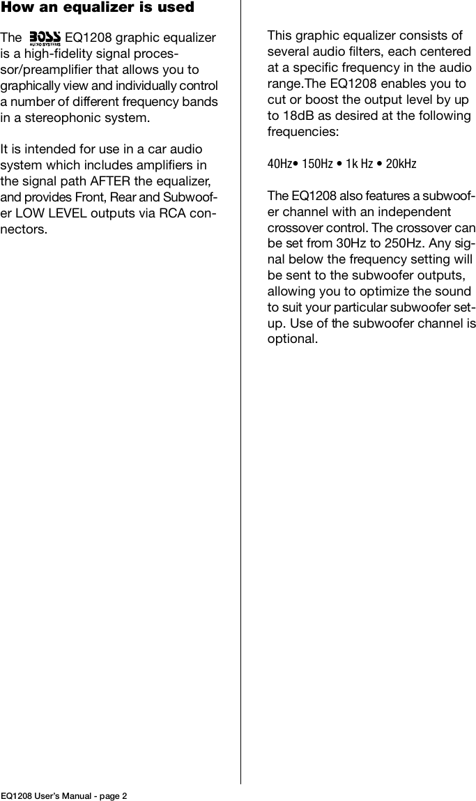 Page 2 of 8 - Boss-Audio-Systems Boss-Audio-Systems-Eq1208-Users-Manual-  Boss-audio-systems-eq1208-users-manual