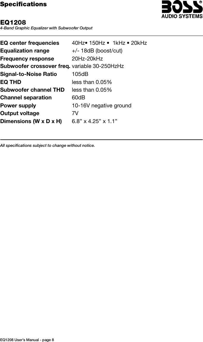 Page 8 of 8 - Boss-Audio-Systems Boss-Audio-Systems-Eq1208-Users-Manual-  Boss-audio-systems-eq1208-users-manual