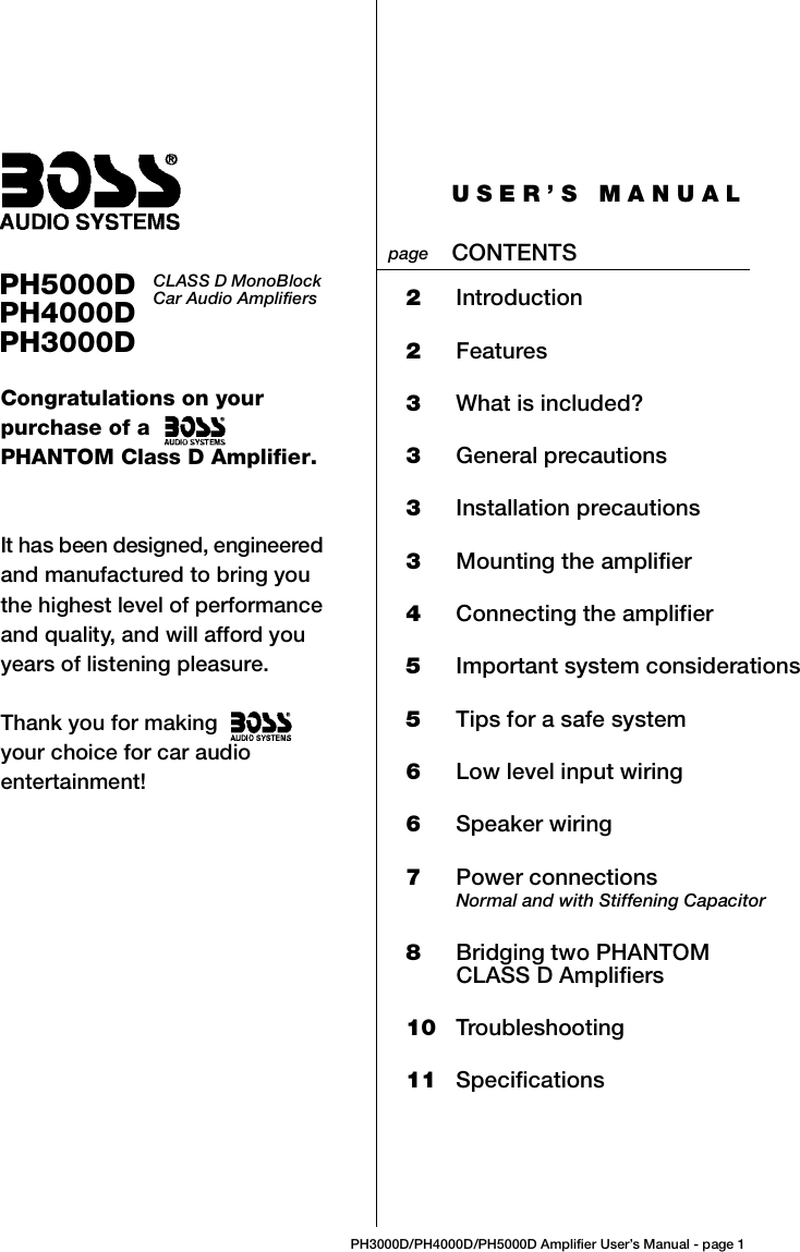 Page 1 of 11 - Boss-Audio-Systems Boss-Audio-Systems-Phantom-Ph3000D-Users-Manual- PHANTOM Class D Amp MANUAL 2  Boss-audio-systems-phantom-ph3000d-users-manual
