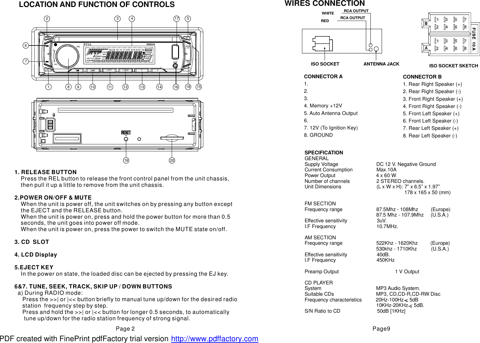 Page 2 of 5 - Boss-Audio-Systems Boss-Audio-Systems-Stereo-System-648Ua-Users-Manual- Boss 648BI Car Radio OWNER'S MANUAL Operating Instructions User  Boss-audio-systems-stereo-system-648ua-users-manual