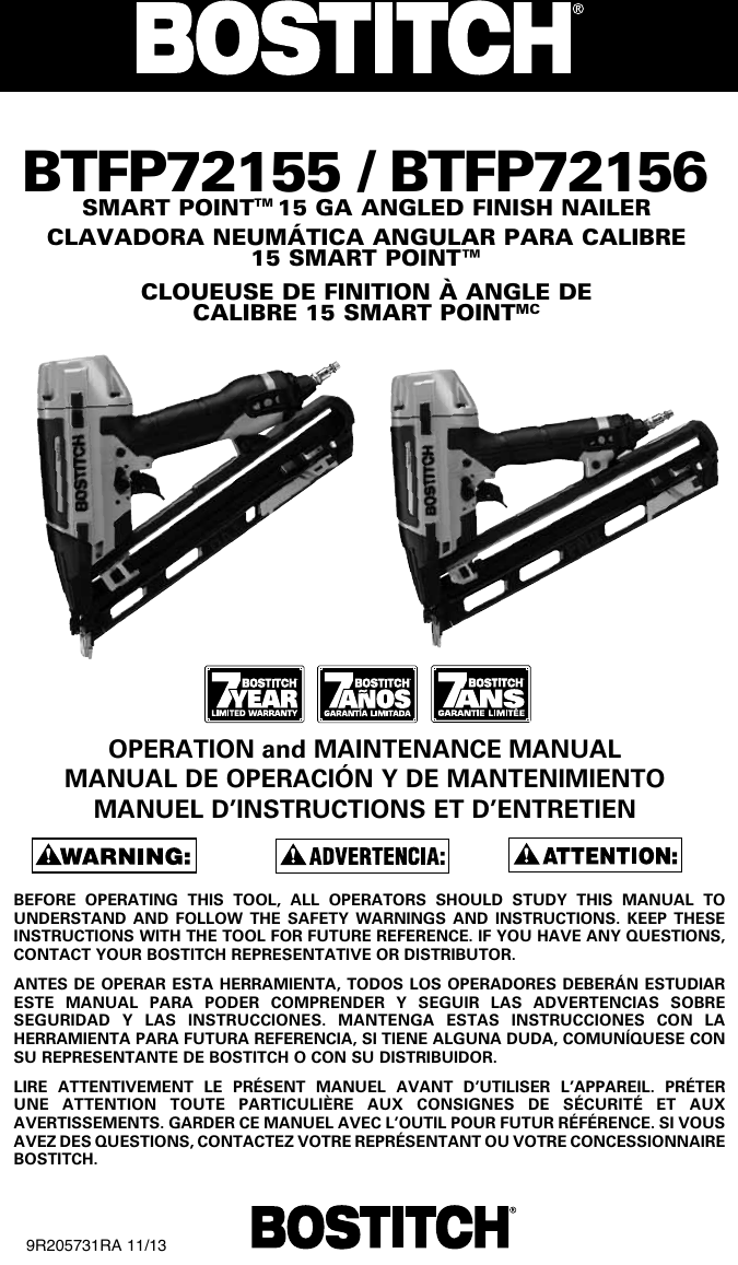 Bostitch Angled Finish Nailer Btfp72155 Users Manual
