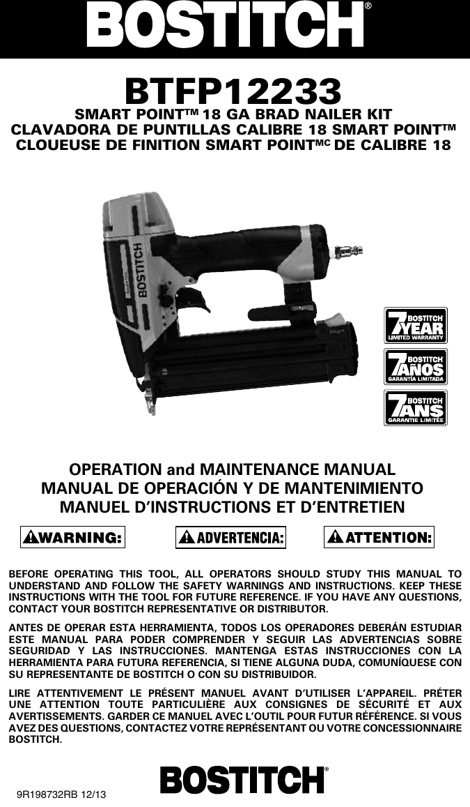 Bostitch Brad Nailer Kit Btfp12233 Users Manual