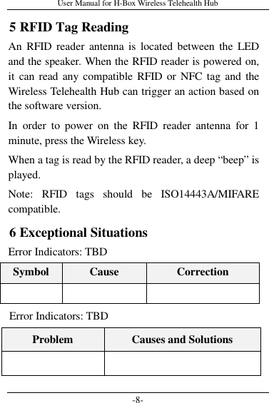 User Manual for H-Box Wireless Telehealth Hub -8- 5 RFID Tag Reading An  RFID reader  antenna is  located between the  LED and the speaker. When the RFID reader is powered on, it  can read any compatible RFID or NFC tag and the Wireless Telehealth Hub can trigger an action based on the software version. In  order  to  power  on  the  RFID  reader  antenna  for  1 minute, press the Wireless key. When a tag is read by the RFID reader, a deep “beep” is played. Note:  RFID  tags  should  be  ISO14443A/MIFARE compatible. 6 Exceptional Situations Error Indicators: TBD Symbol  Cause  Correction      Error Indicators: TBD Problem  Causes and Solutions   