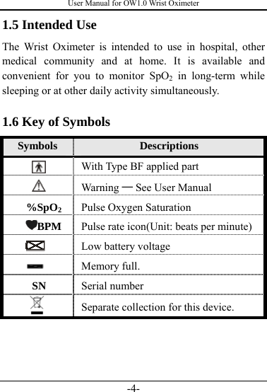 User Manual for OW1.0 Wrist Oximeter -4- 1.5 Intended Use The Wrist Oximeter is intended to use in hospital, other medical community and at home. It is available and convenient for you to monitor SpO2 in long-term while sleeping or at other daily activity simultaneously.  1.6 Key of Symbols Symbols  Descriptions  With Type BF applied part  Warning ─ See User Manual %SpO2 Pulse Oxygen Saturation BPM  Pulse rate icon(Unit: beats per minute)   Low battery voltage  Memory full. SN  Serial number  Separate collection for this device.  