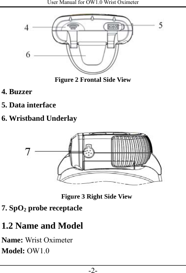 User Manual for OW1.0 Wrist Oximeter -2-  Figure 2 Frontal Side View 4. Buzzer 5. Data interface 6. Wristband Underlay  Figure 3 Right Side View 7. SpO2 probe receptacle 1.2 Name and Model Name: Wrist Oximeter Model: OW1.0 