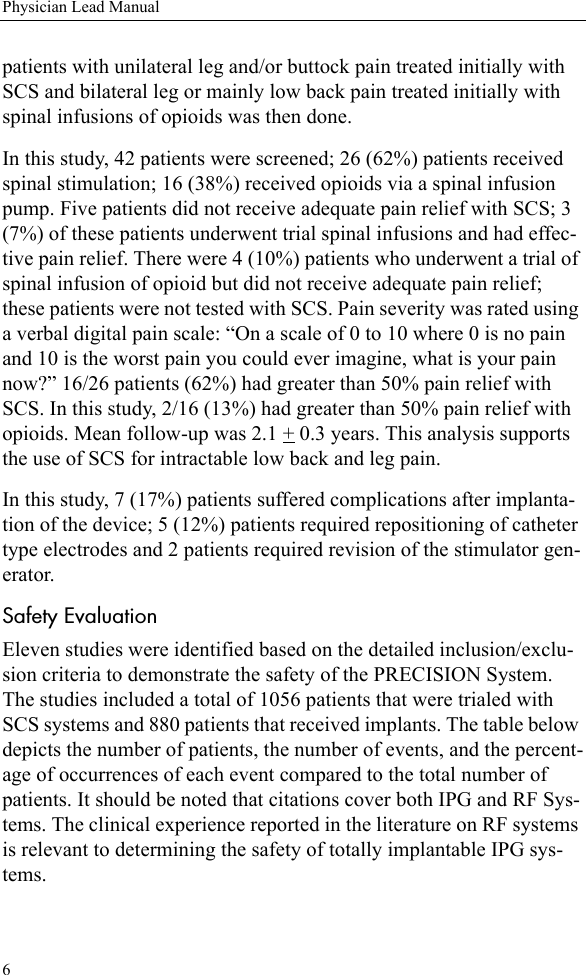 6Physician Lead Manualpatients with unilateral leg and/or buttock pain treated initially with SCS and bilateral leg or mainly low back pain treated initially with spinal infusions of opioids was then done.In this study, 42 patients were screened; 26 (62%) patients received spinal stimulation; 16 (38%) received opioids via a spinal infusion pump. Five patients did not receive adequate pain relief with SCS; 3 (7%) of these patients underwent trial spinal infusions and had effec-tive pain relief. There were 4 (10%) patients who underwent a trial of spinal infusion of opioid but did not receive adequate pain relief; these patients were not tested with SCS. Pain severity was rated using a verbal digital pain scale: “On a scale of 0 to 10 where 0 is no pain and 10 is the worst pain you could ever imagine, what is your pain now?” 16/26 patients (62%) had greater than 50% pain relief with SCS. In this study, 2/16 (13%) had greater than 50% pain relief with opioids. Mean follow-up was 2.1 + 0.3 years. This analysis supports the use of SCS for intractable low back and leg pain.In this study, 7 (17%) patients suffered complications after implanta-tion of the device; 5 (12%) patients required repositioning of catheter type electrodes and 2 patients required revision of the stimulator gen-erator.Safety EvaluationEleven studies were identified based on the detailed inclusion/exclu-sion criteria to demonstrate the safety of the PRECISION System. The studies included a total of 1056 patients that were trialed with SCS systems and 880 patients that received implants. The table below depicts the number of patients, the number of events, and the percent-age of occurrences of each event compared to the total number of patients. It should be noted that citations cover both IPG and RF Sys-tems. The clinical experience reported in the literature on RF systems is relevant to determining the safety of totally implantable IPG sys-tems.