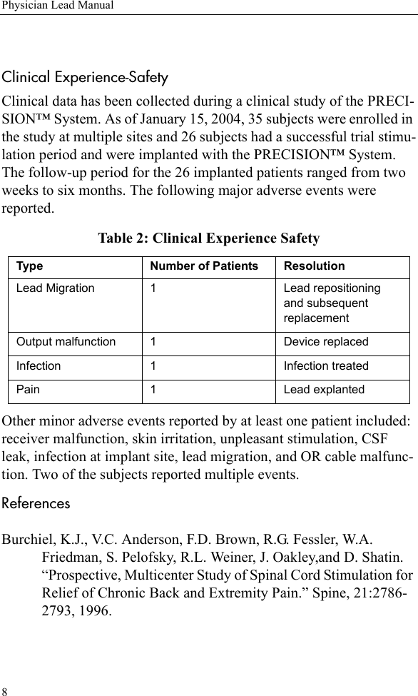 8Physician Lead ManualClinical Experience-SafetyClinical data has been collected during a clinical study of the PRECI-SION™ System. As of January 15, 2004, 35 subjects were enrolled in the study at multiple sites and 26 subjects had a successful trial stimu-lation period and were implanted with the PRECISION™ System. The follow-up period for the 26 implanted patients ranged from two weeks to six months. The following major adverse events were reported.Table 2: Clinical Experience SafetyOther minor adverse events reported by at least one patient included: receiver malfunction, skin irritation, unpleasant stimulation, CSF leak, infection at implant site, lead migration, and OR cable malfunc-tion. Two of the subjects reported multiple events.ReferencesBurchiel, K.J., V.C. Anderson, F.D. Brown, R.G. Fessler, W.A. Friedman, S. Pelofsky, R.L. Weiner, J. Oakley,and D. Shatin. “Prospective, Multicenter Study of Spinal Cord Stimulation for Relief of Chronic Back and Extremity Pain.” Spine, 21:2786-2793, 1996.Type Number of Patients  ResolutionLead Migration 1 Lead repositioning and subsequent replacementOutput malfunction 1 Device replacedInfection 1 Infection treatedPain 1 Lead explanted