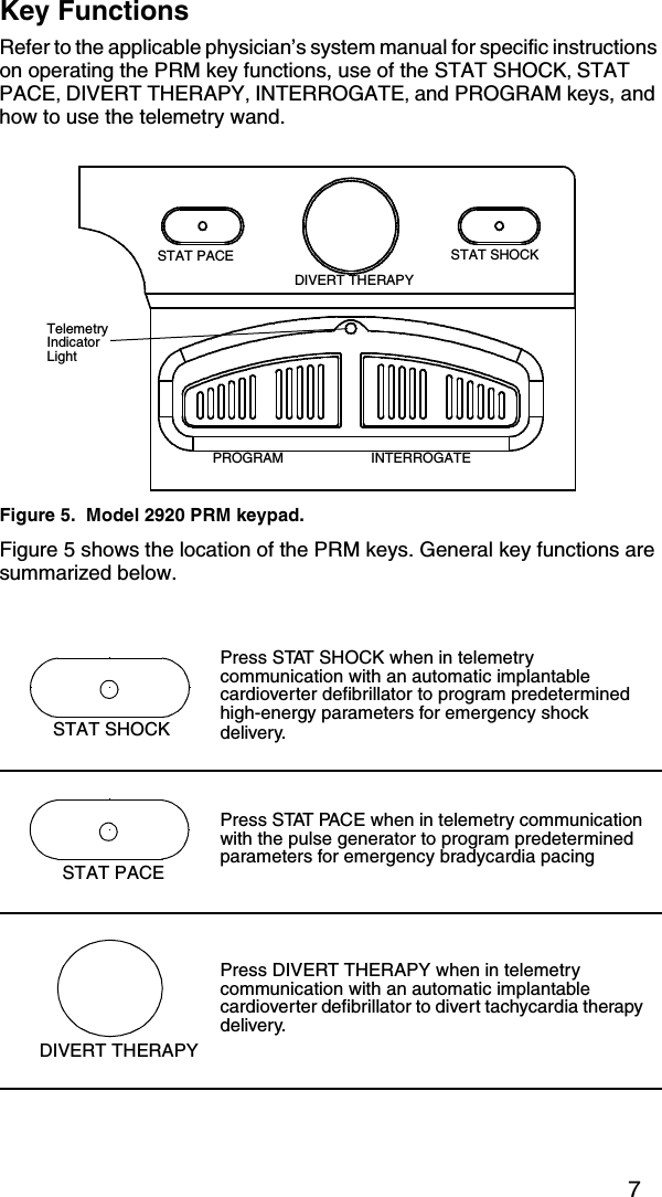 7Key FunctionsRefer to the applicable physician’s system manual for specific instructions on operating the PRM key functions, use of the STAT SHOCK, STAT PACE, DIVERT THERAPY, INTERROGATE, and PROGRAM keys, and how to use the telemetry wand.Figure 5.  Model 2920 PRM keypad.Figure 5 shows the location of the PRM keys. General key functions are summarized below.Press STAT SHOCK when in telemetry communication with an automatic implantable cardioverter defibrillator to program predetermined high-energy parameters for emergency shock delivery. Press STAT PACE when in telemetry communication with the pulse generator to program predetermined parameters for emergency bradycardia pacingPress DIVERT THERAPY when in telemetry communication with an automatic implantable cardioverter defibrillator to divert tachycardia therapy delivery.STAT PACE STAT SHOCKDIVERT THERAPYPROGRAM INTERROGATETelemetryIndicatorLightSTAT SHOCKSTAT PACEDIVERT THERAPY