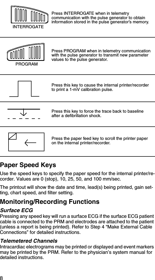 8Paper Speed KeysUse the speed keys to specify the paper speed for the internal printer/re-corder. Values are 0 (stop), 10, 25, 50, and 100 mm/sec.The printout will show the date and time, lead(s) being printed, gain set-ting, chart speed, and filter setting.Monitoring/Recording FunctionsSurface ECGPressing any speed key will run a surface ECG if the surface ECG patient cable is connected to the PRM and electrodes are attached to the patient (unless a report is being printed). Refer to Step 4 “Make External Cable Connections” for detailed instructions.Telemetered ChannelsIntracardiac electrograms may be printed or displayed and event markers may be printed by the PRM. Refer to the physician’s system manual for detailed instructions.Press INTERROGATE when in telemetry communication with the pulse generator to obtain information stored in the pulse generator’s memory.Press PROGRAM when in telemetry communication with the pulse generator to transmit new parameter values to the pulse generator.Press this key to cause the internal printer/recorder to print a 1-mV calibration pulse.Press this key to force the trace back to baseline after a defibrillation shock.Press the paper feed key to scroll the printer paper on the internal printer/recorder.INTERROGATEPROGRAM
