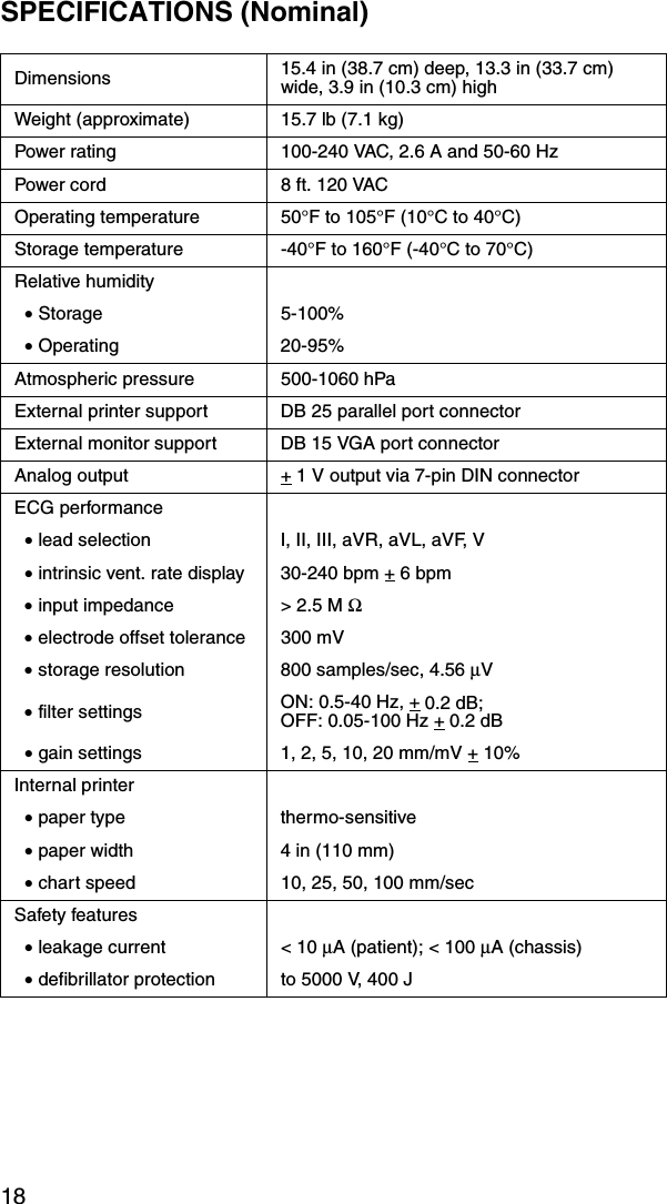 18SPECIFICATIONS (Nominal)Dimensions 15.4 in (38.7 cm) deep, 13.3 in (33.7 cm) wide, 3.9 in (10.3 cm) high Weight (approximate) 15.7 lb (7.1 kg)Power rating 100-240 VAC, 2.6 A and 50-60 HzPower cord 8 ft. 120 VACOperating temperature 50°F to 105°F (10°C to 40°C)Storage temperature -40°F to 160°F (-40°C to 70°C)Relative humidity• Storage 5-100%• Operating 20-95%Atmospheric pressure 500-1060 hPaExternal printer support DB 25 parallel port connectorExternal monitor support DB 15 VGA port connectorAnalog output + 1 V output via 7-pin DIN connectorECG performance• lead selection I, II, III, aVR, aVL, aVF, V• intrinsic vent. rate display 30-240 bpm + 6 bpm• input impedance &gt; 2.5 M Ω• electrode offset tolerance 300 mV• storage resolution 800 samples/sec, 4.56 µV• filter settings ON: 0.5-40 Hz, + 0.2 dB; OFF: 0.05-100 Hz + 0.2 dB• gain settings 1, 2, 5, 10, 20 mm/mV + 10%Internal printer• paper type thermo-sensitive• paper width 4 in (110 mm) • chart speed 10, 25, 50, 100 mm/secSafety features• leakage current &lt; 10 µA (patient); &lt; 100 µA (chassis)• defibrillator protection to 5000 V, 400 J