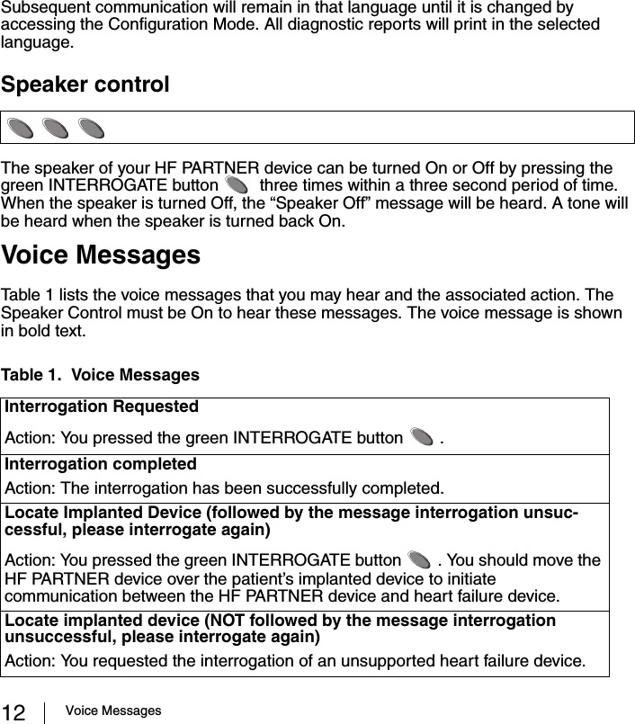 12 Voice MessagesSubsequent communication will remain in that language until it is changed by accessing the Configuration Mode. All diagnostic reports will print in the selected language. Speaker controlThe speaker of your HF PARTNER device can be turned On or Off by pressing the green INTERROGATE button   three times within a three second period of time. When the speaker is turned Off, the “Speaker Off” message will be heard. A tone will be heard when the speaker is turned back On.Voice MessagesTable 1 lists the voice messages that you may hear and the associated action. The Speaker Control must be On to hear these messages. The voice message is shown in bold text. Table 1.  Voice MessagesInterrogation RequestedAction: You pressed the green INTERROGATE button  . Interrogation completedAction: The interrogation has been successfully completed.Locate Implanted Device (followed by the message interrogation unsuc-cessful, please interrogate again)Action: You pressed the green INTERROGATE button  . You should move the HF PARTNER device over the patient’s implanted device to initiate communication between the HF PARTNER device and heart failure device.Locate implanted device (NOT followed by the message interrogation unsuccessful, please interrogate again)Action: You requested the interrogation of an unsupported heart failure device.