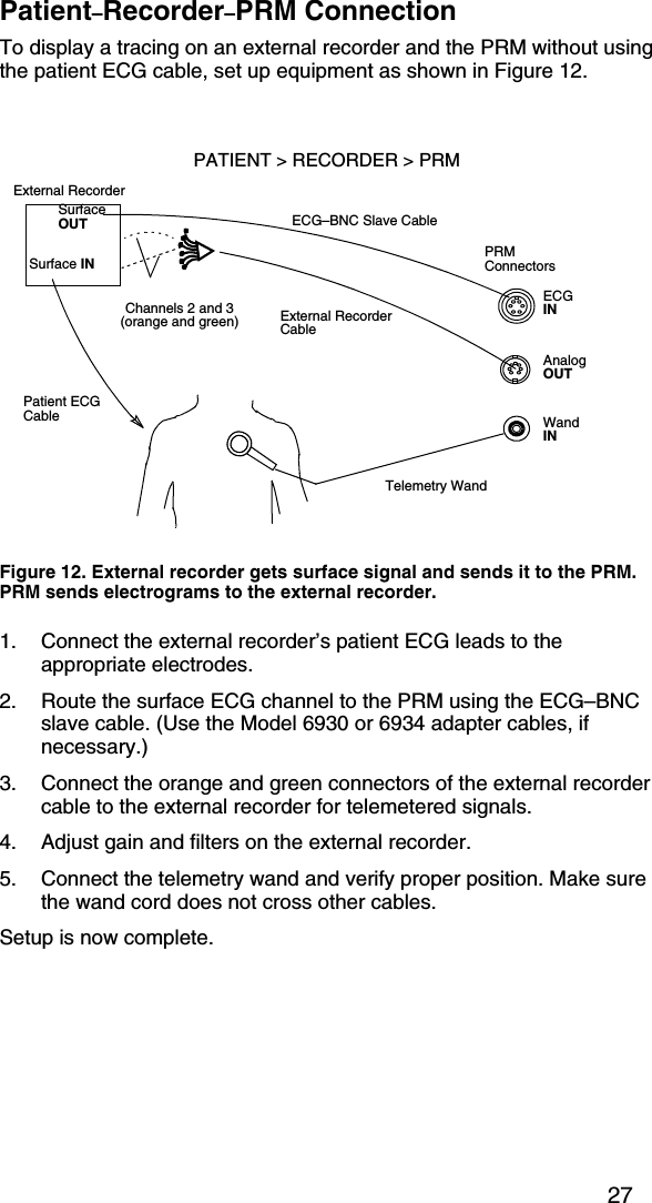 27Patient–Recorder–PRM ConnectionTo display a tracing on an external recorder and the PRM without using the patient ECG cable, set up equipment as shown in Figure 12.1. Connect the external recorder’s patient ECG leads to the appropriate electrodes.2. Route the surface ECG channel to the PRM using the ECG–BNC slave cable. (Use the Model 6930 or 6934 adapter cables, if necessary.)3. Connect the orange and green connectors of the external recorder cable to the external recorder for telemetered signals.4. Adjust gain and filters on the external recorder.5. Connect the telemetry wand and verify proper position. Make sure the wand cord does not cross other cables.Setup is now complete.Figure 12. External recorder gets surface signal and sends it to the PRM. PRM sends electrograms to the external recorder.PATIENT &gt; RECORDER &gt; PRMTelemetry WandPatient ECG CableExternal RecorderECG–BNC Slave CableExternal Recorder CablePRMConnectorsECG INWandINAnalogOUTSurface INSurface OUTChannels 2 and 3(orange and green)