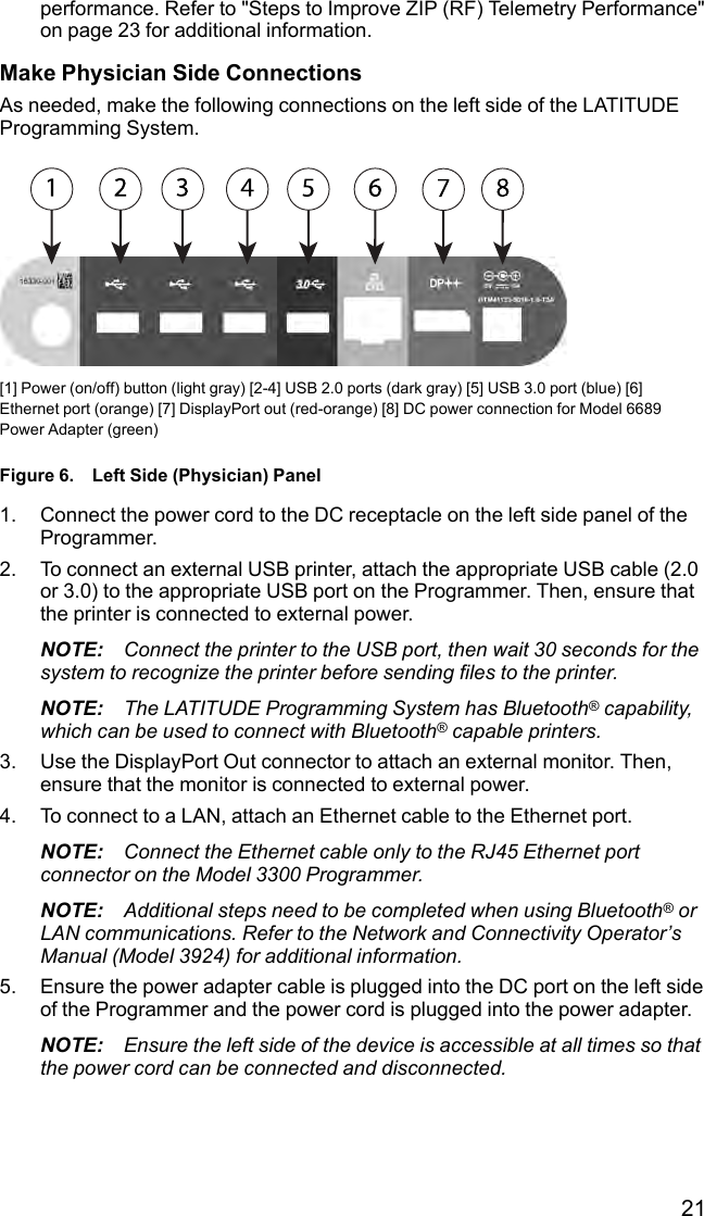 21performance. Refer to &quot;Steps to Improve ZIP (RF) Telemetry Performance&quot;on page 23 for additional information.Make Physician Side ConnectionsAs needed, make the following connections on the left side of the LATITUDEProgramming System.[1] Power (on/off) button (light gray) [2-4] USB 2.0 ports (dark gray) [5] USB 3.0 port (blue) [6]Ethernet port (orange) [7] DisplayPort out (red-orange) [8] DC power connection for Model 6689Power Adapter (green)Figure 6. Left Side (Physician) Panel1. Connect the power cord to the DC receptacle on the left side panel of theProgrammer.2. To connect an external USB printer, attach the appropriate USB cable (2.0or 3.0) to the appropriate USB port on the Programmer. Then, ensure thatthe printer is connected to external power.NOTE: Connect the printer to the USB port, then wait 30 seconds for thesystem to recognize the printer before sending files to the printer.NOTE: The LATITUDE Programming System has Bluetooth®capability,which can be used to connect with Bluetooth®capable printers.3. Use the DisplayPort Out connector to attach an external monitor. Then,ensure that the monitor is connected to external power.4. To connect to a LAN, attach an Ethernet cable to the Ethernet port.NOTE: Connect the Ethernet cable only to the RJ45 Ethernet portconnector on the Model 3300 Programmer.NOTE: Additional steps need to be completed when using Bluetooth®orLAN communications. Refer to the Network and Connectivity Operator’sManual (Model 3924) for additional information.5. Ensure the power adapter cable is plugged into the DC port on the left sideof the Programmer and the power cord is plugged into the power adapter.NOTE: Ensure the left side of the device is accessible at all times so thatthe power cord can be connected and disconnected.