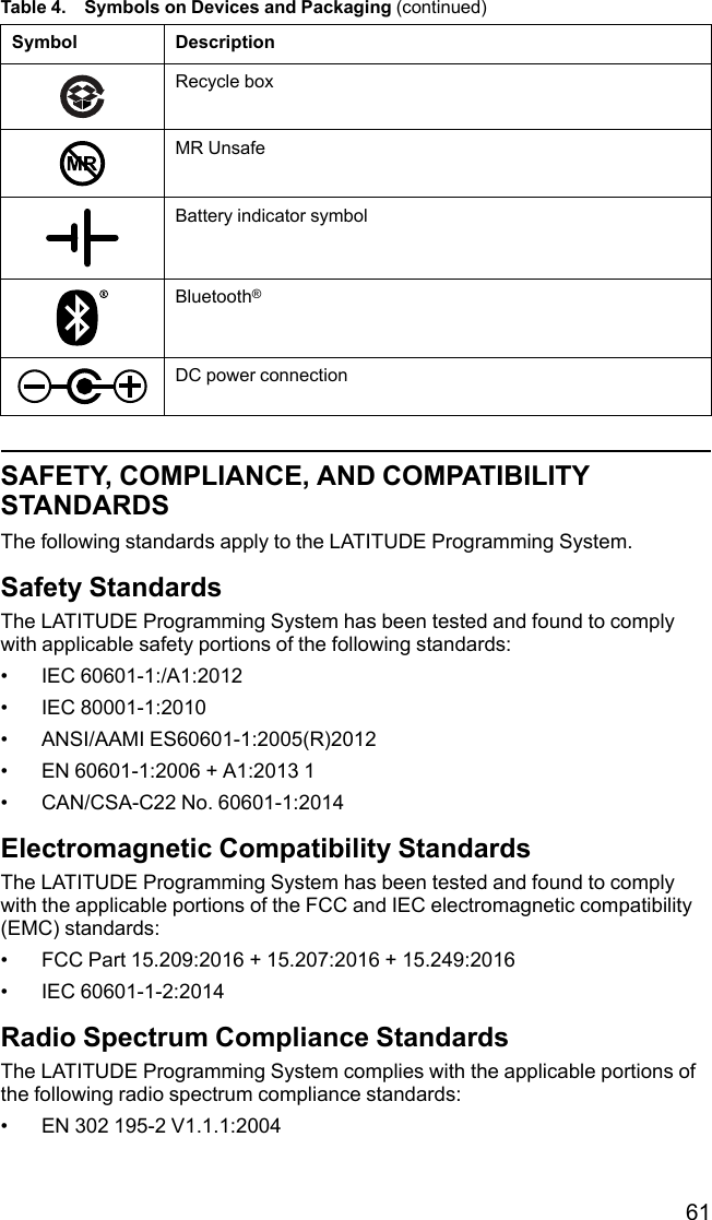 61Table 4. Symbols on Devices and Packaging (continued)Symbol DescriptionRecycle boxMR UnsafeBattery indicator symbolBluetooth®DC power connectionSAFETY, COMPLIANCE, AND COMPATIBILITYSTANDARDSThe following standards apply to the LATITUDE Programming System.Safety StandardsThe LATITUDE Programming System has been tested and found to complywith applicable safety portions of the following standards:• IEC 60601-1:/A1:2012• IEC 80001-1:2010• ANSI/AAMI ES60601-1:2005(R)2012• EN 60601-1:2006 + A1:2013 1• CAN/CSA-C22 No. 60601-1:2014Electromagnetic Compatibility StandardsThe LATITUDE Programming System has been tested and found to complywith the applicable portions of the FCC and IEC electromagnetic compatibility(EMC) standards:• FCC Part 15.209:2016 + 15.207:2016 + 15.249:2016• IEC 60601-1-2:2014Radio Spectrum Compliance StandardsThe LATITUDE Programming System complies with the applicable portions ofthe following radio spectrum compliance standards:• EN 302 195-2 V1.1.1:2004