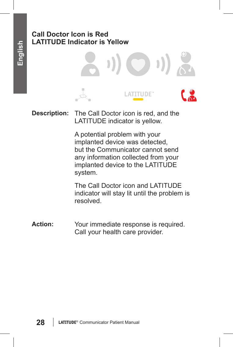 28 LATITUDE®  Communicator Patient Manual EnglishCall Doctor Icon is Red LATITUDE Indicator is Yellow Description: The Call Doctor icon is red, and the LATITUDE indicator is yellow.A potential problem with your implanted device was detected, but the Communicator cannot send any information collected from your implanted device to the LATITUDE system.The Call Doctor icon and LATITUDE indicator will stay lit until the problem is resolved. Action: Your immediate response is required. Call your health care provider.