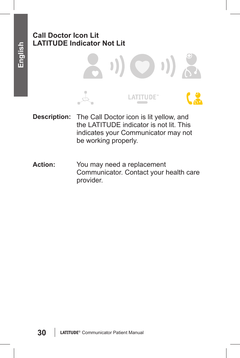 30 LATITUDE®  Communicator Patient Manual EnglishCall Doctor Icon LitLATITUDE Indicator Not LitDescription: The Call Doctor icon is lit yellow, and the LATITUDE indicator is not lit. This indicates your Communicator may not be working properly.Action: You may need a replacement Communicator. Contact your health care provider.