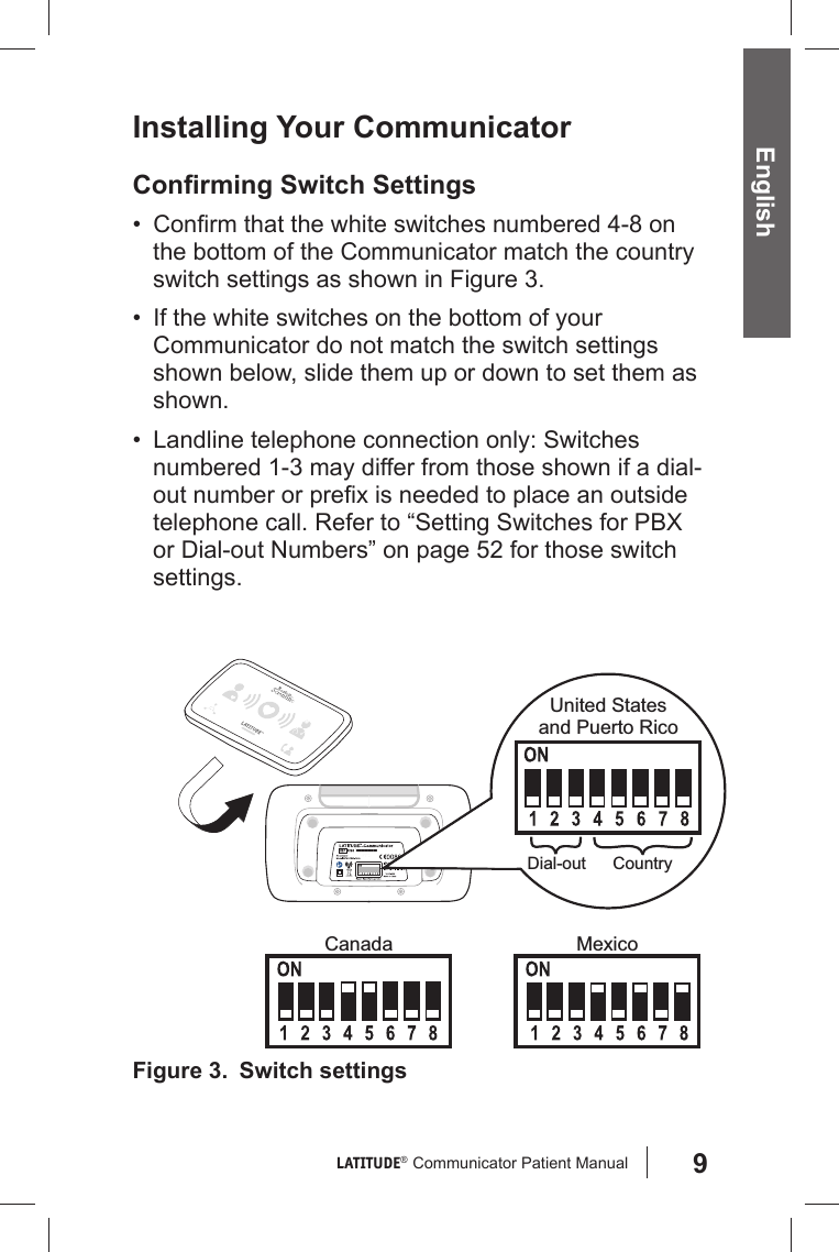 9LATITUDE®  Communicator Patient Manual EnglishInstalling Your Communicator Conﬁ rming Switch Settings• Conﬁ rm that the white switches numbered 4-8 on the bottom of the Communicator match the country switch settings as shown in Figure 3. •  If the white switches on the bottom of your Communicator do not match the switch settings shown below, slide them up or down to set them as shown.•  Landline telephone connection only: Switches numbered 1-3 may differ from those shown if a dial-out number or preﬁ x is needed to place an outside telephone call. Refer to “Setting Switches for PBX or Dial-out Numbers” on page 52 for those switch settings. Figure 3.   *6290*TMUnited Statesand Puerto RicoCanadaDial-out CountryMexicoSwitch settings