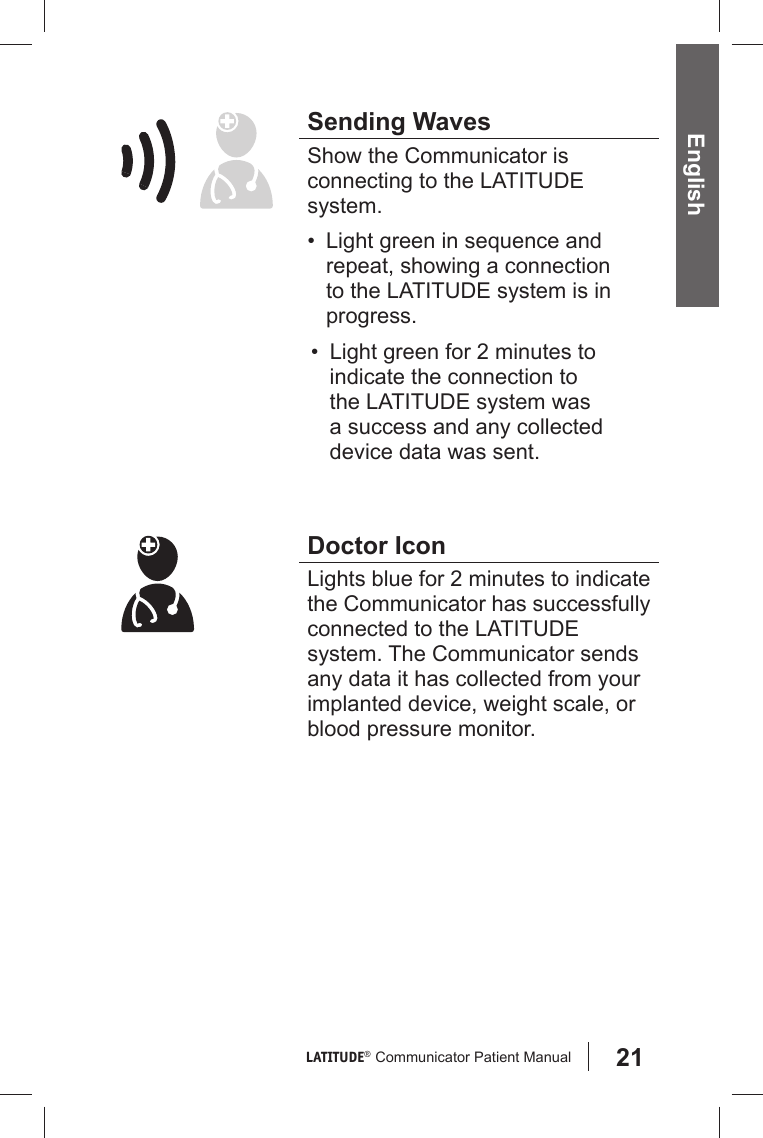 21LATITUDE®  Communicator Patient Manual EnglishSending WavesShow the Communicator is connecting to the LATITUDE system. •  Light green in sequence and repeat, showing a connection to the LATITUDE system is in progress.•  Light green for 2 minutes to indicate the connection to the LATITUDE system was a success and any collected device data was sent.Doctor IconLights blue for 2 minutes to indicate the Communicator has successfully connected to the LATITUDE system. The Communicator sends any data it has collected from your implanted device, weight scale, or blood pressure monitor.