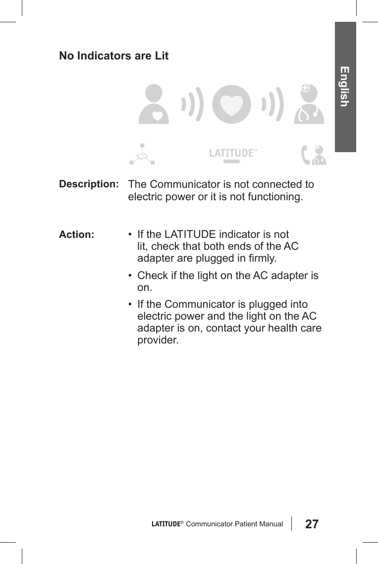 27LATITUDE®  Communicator Patient Manual EnglishNo Indicators are LitDescription: The Communicator is not connected to electric power or it is not functioning.Action: •  If the LATITUDE indicator is not lit, check that both ends of the AC adapter are plugged in ﬁ rmly. •  Check if the light on the AC adapter is on.•  If the Communicator is plugged into electric power and the light on the AC adapter is on, contact your health care provider.