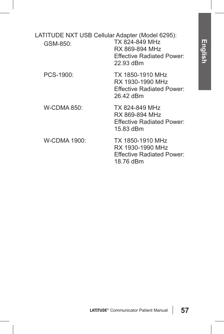 57LATITUDE®  Communicator Patient Manual EnglishLATITUDE NXT USB Cellular Adapter (Model 6295):GSM-850:  TX 824-849 MHzRX 869-894 MHzEffective Radiated Power: 22.93 dBmPCS-1900:  TX 1850-1910 MHzRX 1930-1990 MHzEffective Radiated Power: 26.42 dBmW-CDMA 850:  TX 824-849 MHzRX 869-894 MHzEffective Radiated Power: 15.83 dBmW-CDMA 1900:  TX 1850-1910 MHzRX 1930-1990 MHzEffective Radiated Power: 18.76 dBm