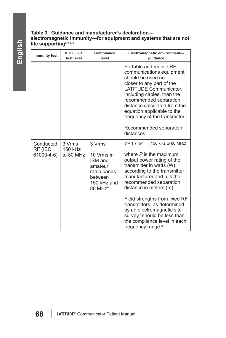 68 LATITUDE®  Communicator Patient Manual EnglishTable 3.  Guidance and manufacturer’s declaration—electromagnetic immunity—for equipment and systems that are not life supportinga b c dImmunity test IEC 60601 test levelCompliance levelElectromagnetic environment—guidancePortable and mobile RF communications equipment should be used no closer to any part of the LATITUDE Communicator, including cables, than the recommended separation distance calculated from the equation applicable to the frequency of the transmitter.Recommended separation distances:Conducted RF (IEC 61000-4-6)3 Vrms150 kHz to 80 MHz3 Vrms10 Vrms in ISM and amateur radio bands between 150 kHz and 80 MHzed = 1.7 √P      (150 kHz to 80 MHz)where P is the maximum output power rating of the transmitter in watts (W) according to the transmitter manufacturer and d is the recommended separation distance in meters (m).Field strengths from ﬁ xed RF transmitters, as determined by an electromagnetic site survey,f should be less than the compliance level in each frequency range.g