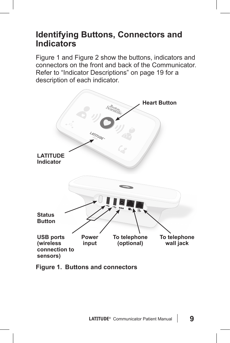 9LATITUDE®   Communicator Patient Manual Identifying Buttons, Connectors and IndicatorsFigure 1 and Figure 2 show the buttons, indicators and connectors on the front and back of the Communicator. Refer to “Indicator Descriptions” on page 19 for a description of each indicator.Figure 1.  Buttons and connectorsTo telephone wall jackTo telephone (optional)Power inputStatus ButtonUSB ports (wireless connection to sensors)Heart ButtonLATITUDE Indicator