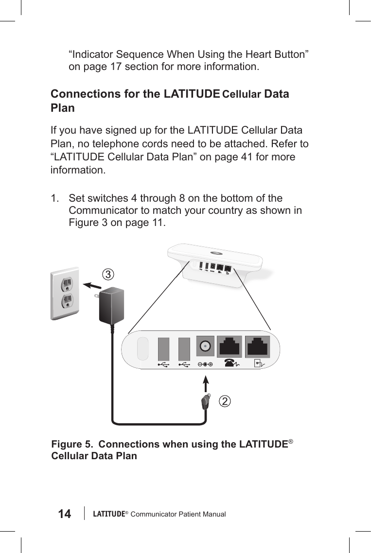 14 LATITUDE®  Communicator Patient Manual“Indicator Sequence When Using the Heart Button” on page 17 section for more information.Connections for the LATITUDE Cellular Data PlanIf you have signed up for the LATITUDE Cellular Data Plan, no telephone cords need to be attached. Refer to “LATITUDE Cellular Data Plan” on page 41 for more information.1.  Set switches 4 through 8 on the bottom of the Communicator to match your country as shown in Figure 3 on page 11.  Figure 5.  Connections when using the LATITUDE® Cellular Data Plan