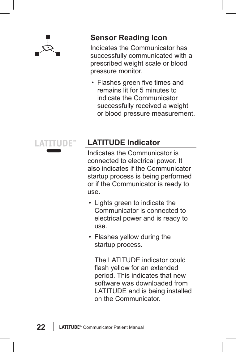 22 LATITUDE®  Communicator Patient ManualSensor Reading IconIndicates the Communicator has successfully communicated with a prescribed weight scale or blood pressure monitor. •  Flashes green ve times and remains lit for 5 minutes to indicate the Communicator successfully received a weight or blood pressure measurement. LATITUDE IndicatorIndicates the Communicator is connected to electrical power. It also indicates if the Communicator startup process is being performed or if the Communicator is ready to use.•  Lights green to indicate the Communicator is connected to electrical power and is ready to use. •  Flashes yellow during the startup process.  The LATITUDE indicator could ash yellow for an extended period. This indicates that new software was downloaded from LATITUDE and is being installed on the Communicator.