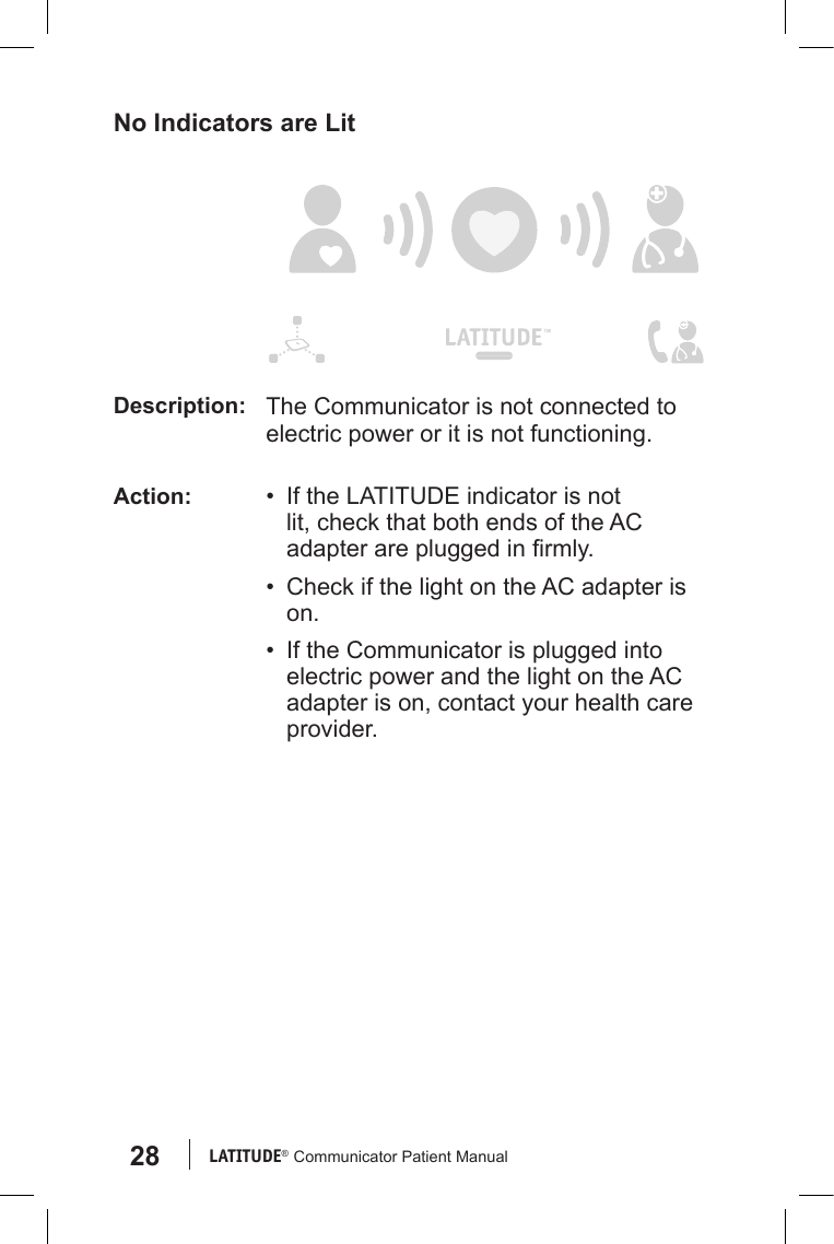 28 LATITUDE®  Communicator Patient ManualNo Indicators are LitDescription: The Communicator is not connected to electric power or it is not functioning.Action: •  If the LATITUDE indicator is not lit, check that both ends of the AC adapter are plugged in rmly. •  Check if the light on the AC adapter is on.•  If the Communicator is plugged into electric power and the light on the AC adapter is on, contact your health care provider.